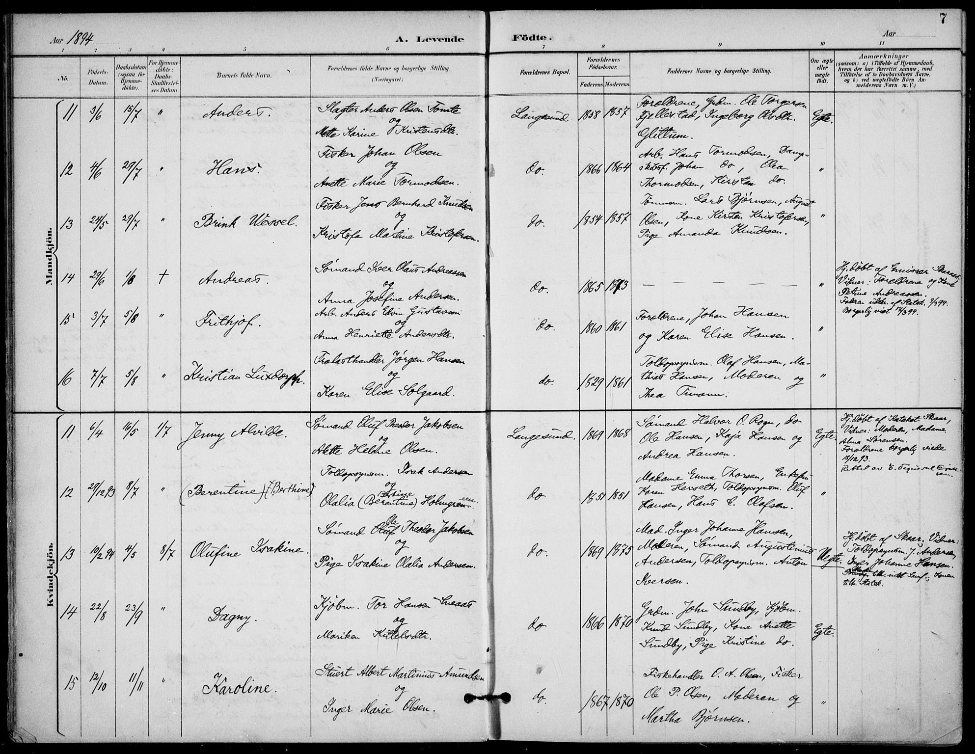 Langesund kirkebøker, AV/SAKO-A-280/F/Fa/L0003: Parish register (official) no. 3, 1893-1907, p. 7