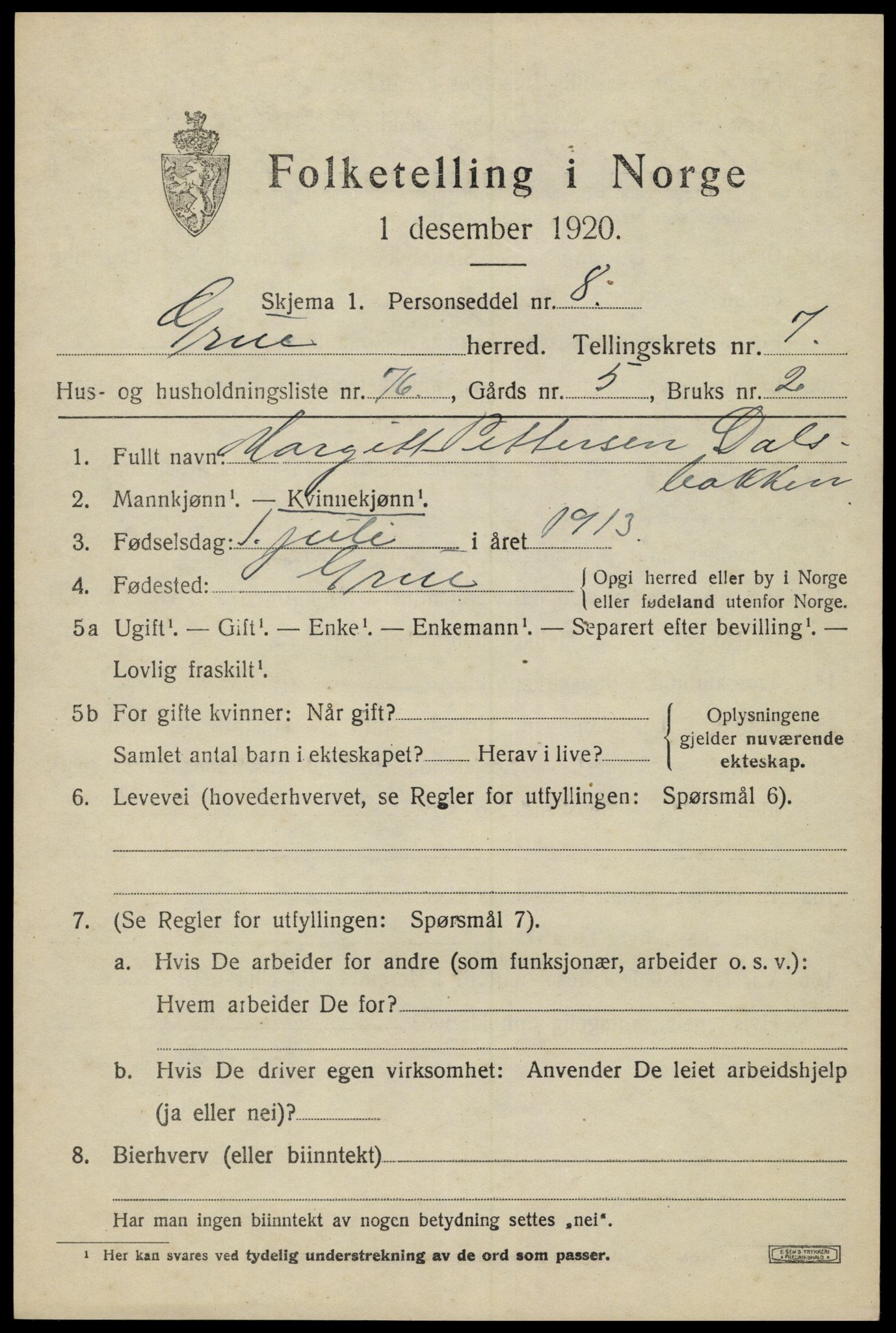 SAH, 1920 census for Grue, 1920, p. 6941