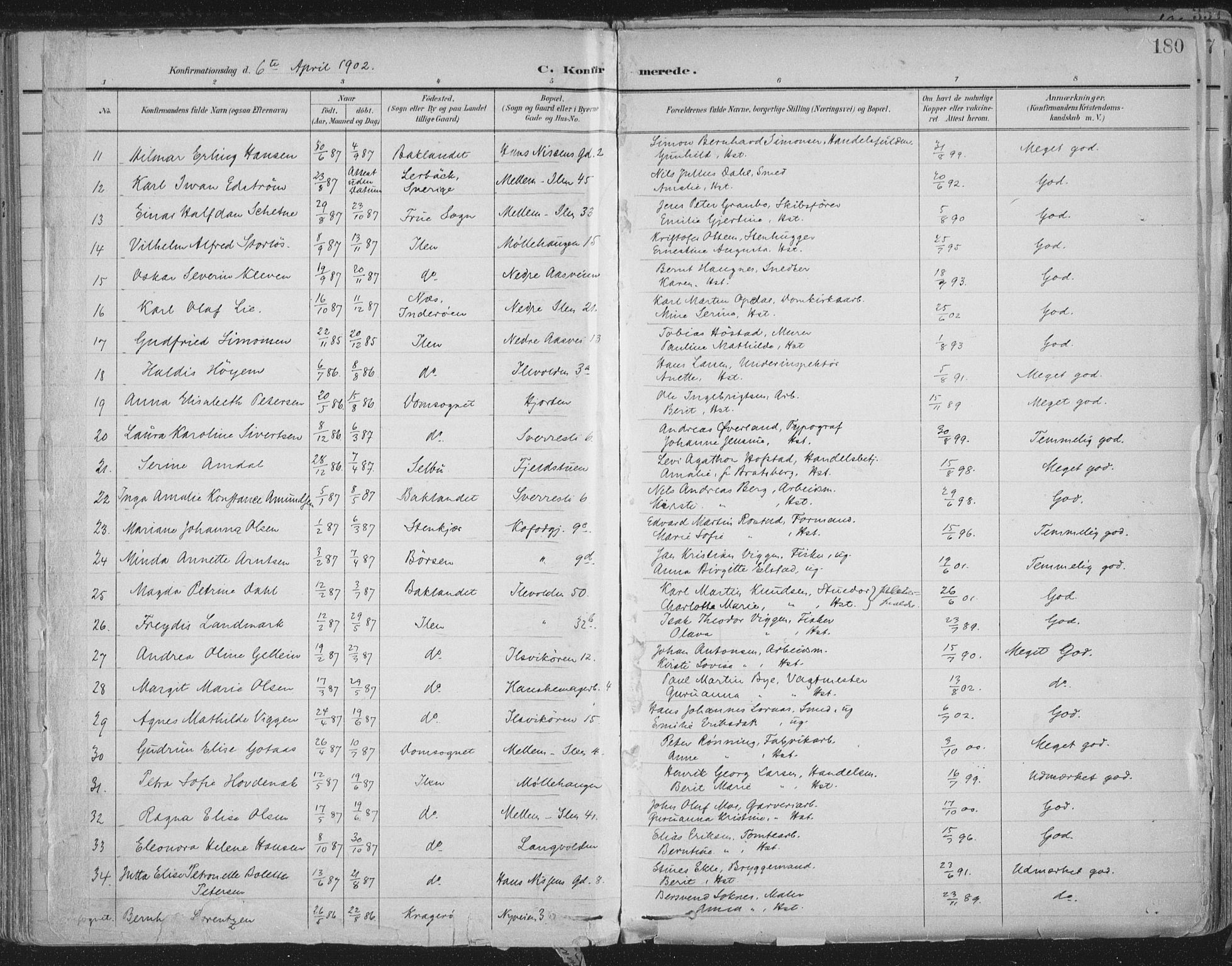 Ministerialprotokoller, klokkerbøker og fødselsregistre - Sør-Trøndelag, SAT/A-1456/603/L0167: Parish register (official) no. 603A06, 1896-1932, p. 180