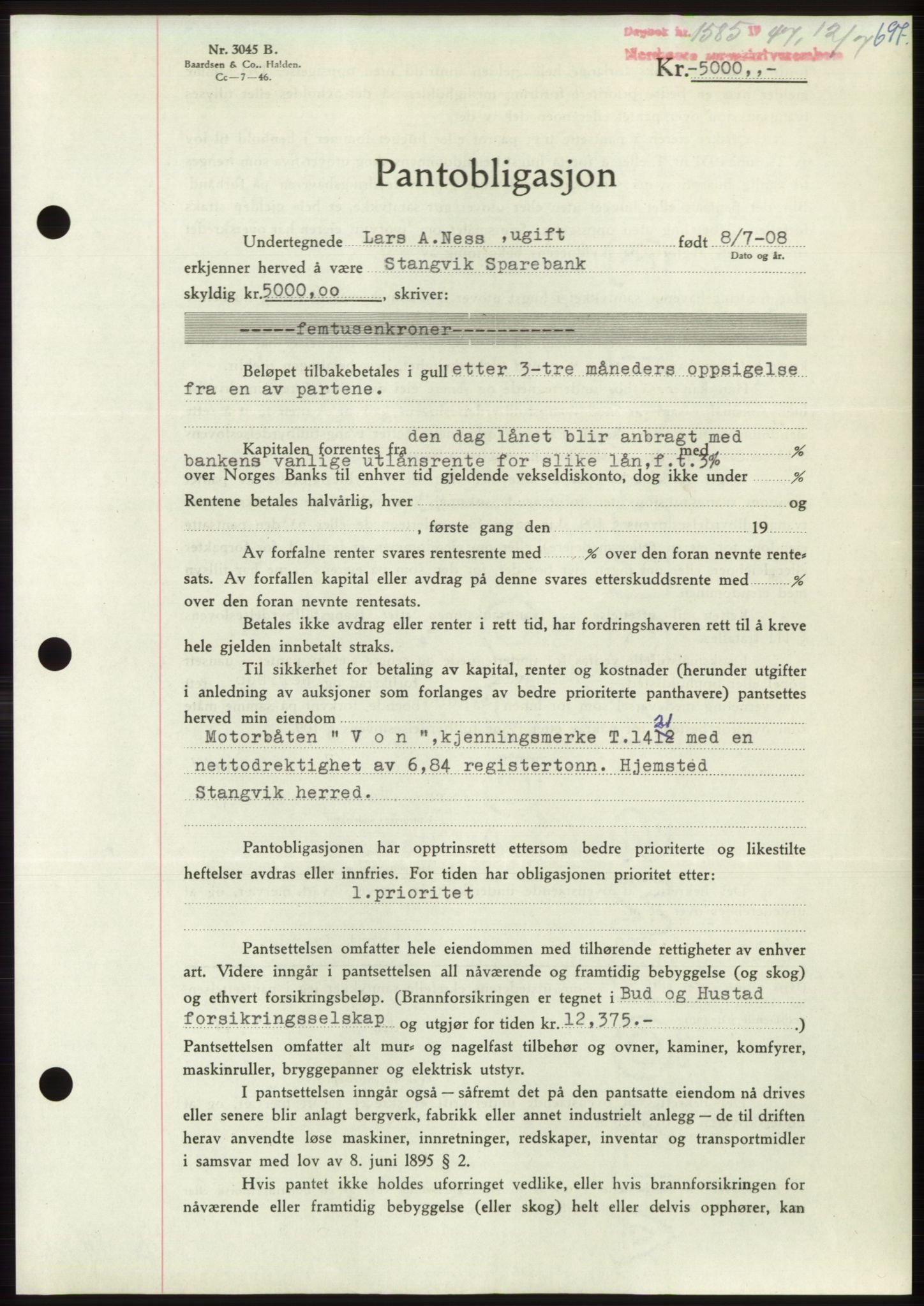 Nordmøre sorenskriveri, AV/SAT-A-4132/1/2/2Ca: Mortgage book no. B96, 1947-1947, Diary no: : 1585/1947