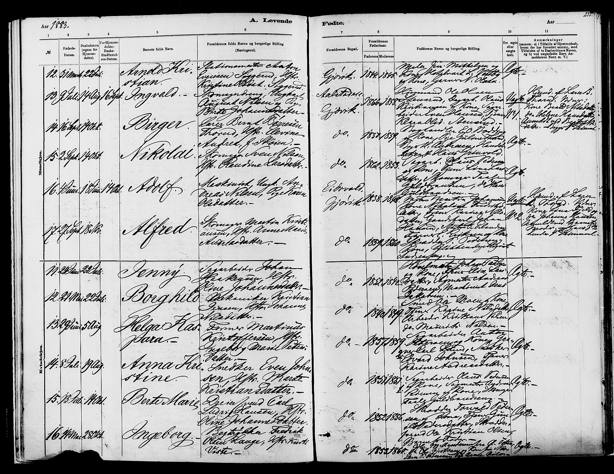 Vardal prestekontor, SAH/PREST-100/H/Ha/Haa/L0008: Parish register (official) no. 8, 1878-1890, p. 233