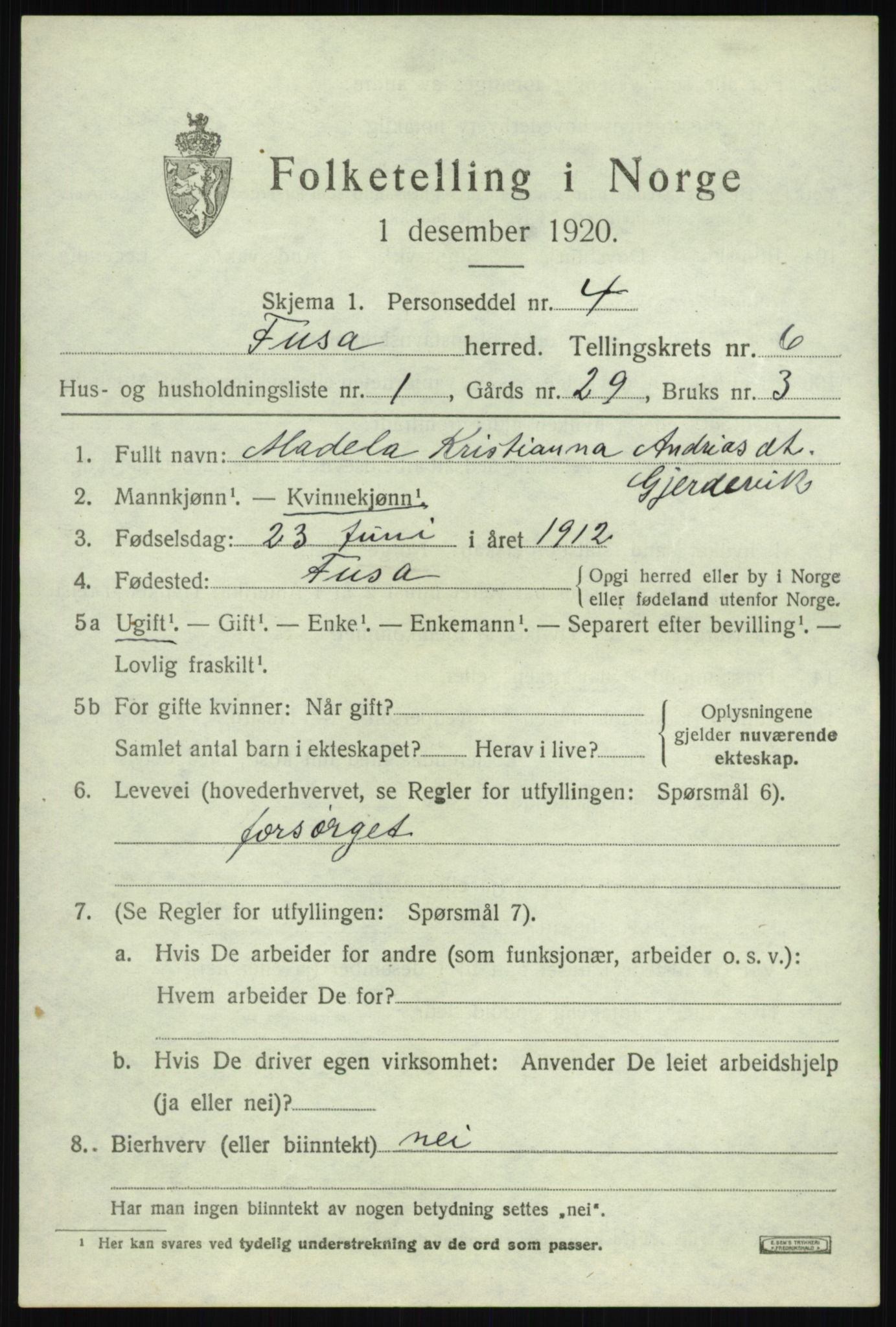 SAB, 1920 census for Fusa, 1920, p. 2465