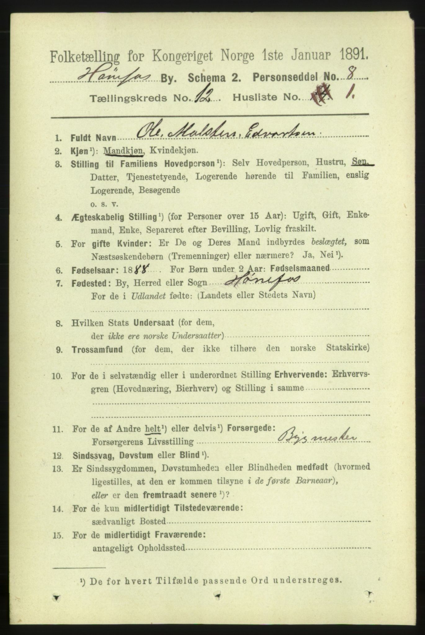 RA, 1891 census for 0601 Hønefoss, 1891, p. 1551