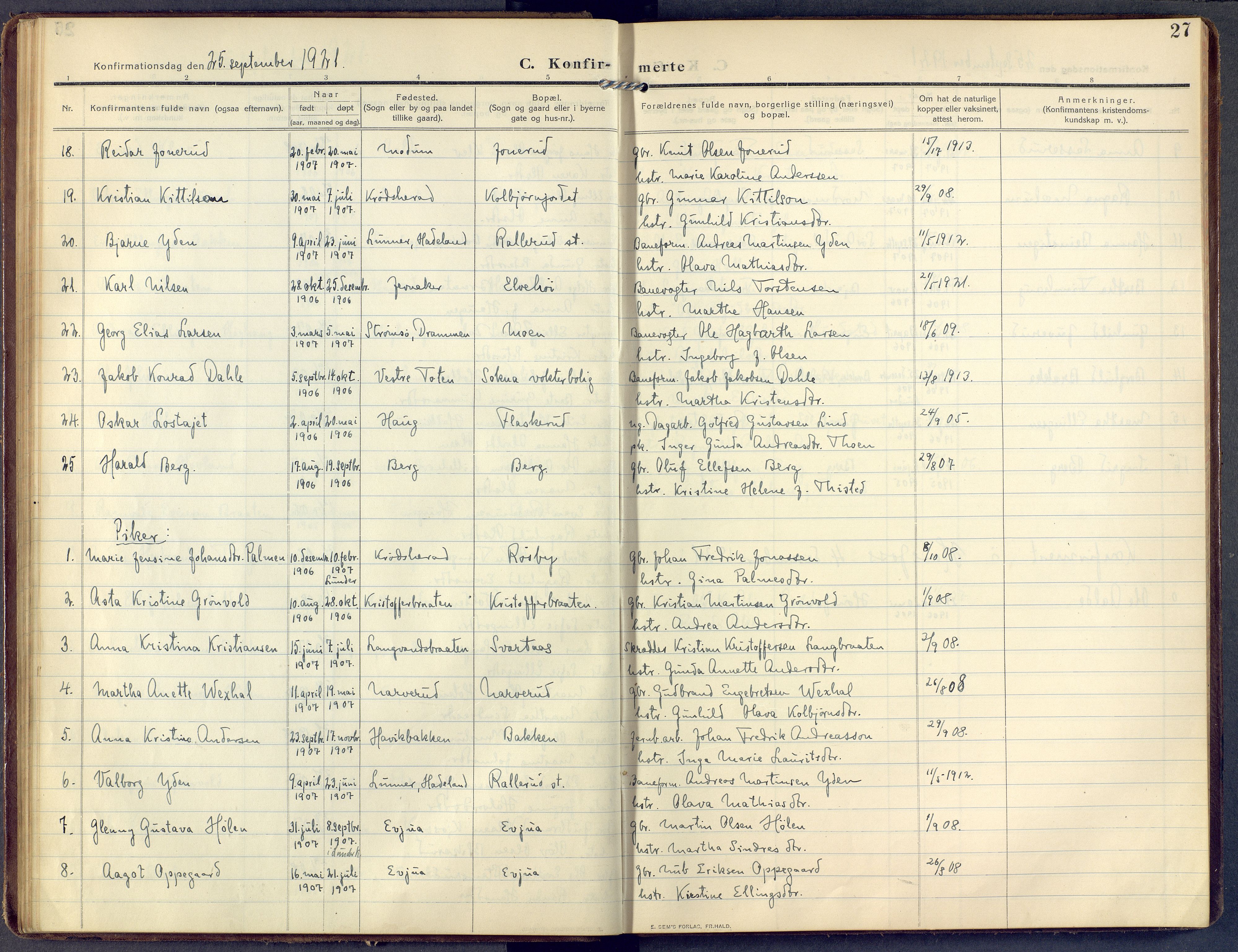 Lunder kirkebøker, SAKO/A-629/F/Fa/L0002: Parish register (official) no. I 2, 1906-1947, p. 27