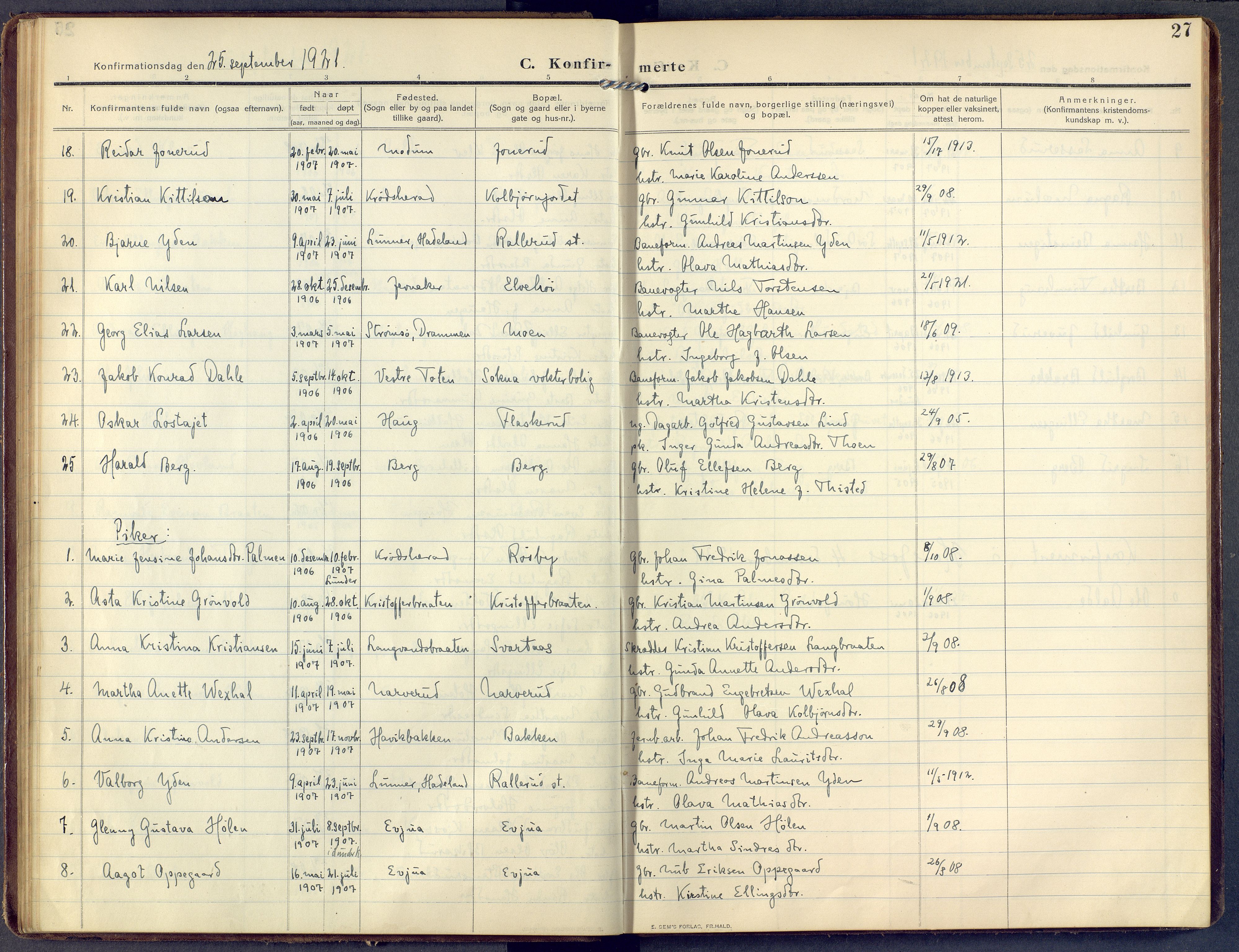 Lunder kirkebøker, AV/SAKO-A-629/F/Fa/L0002: Parish register (official) no. I 2, 1906-1947, p. 27
