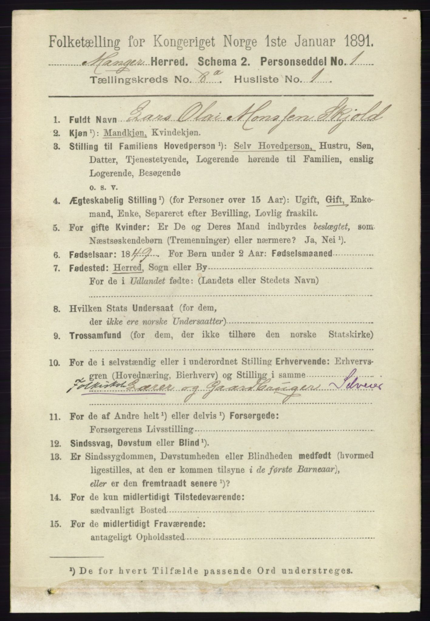 RA, 1891 census for 1261 Manger, 1891, p. 5084