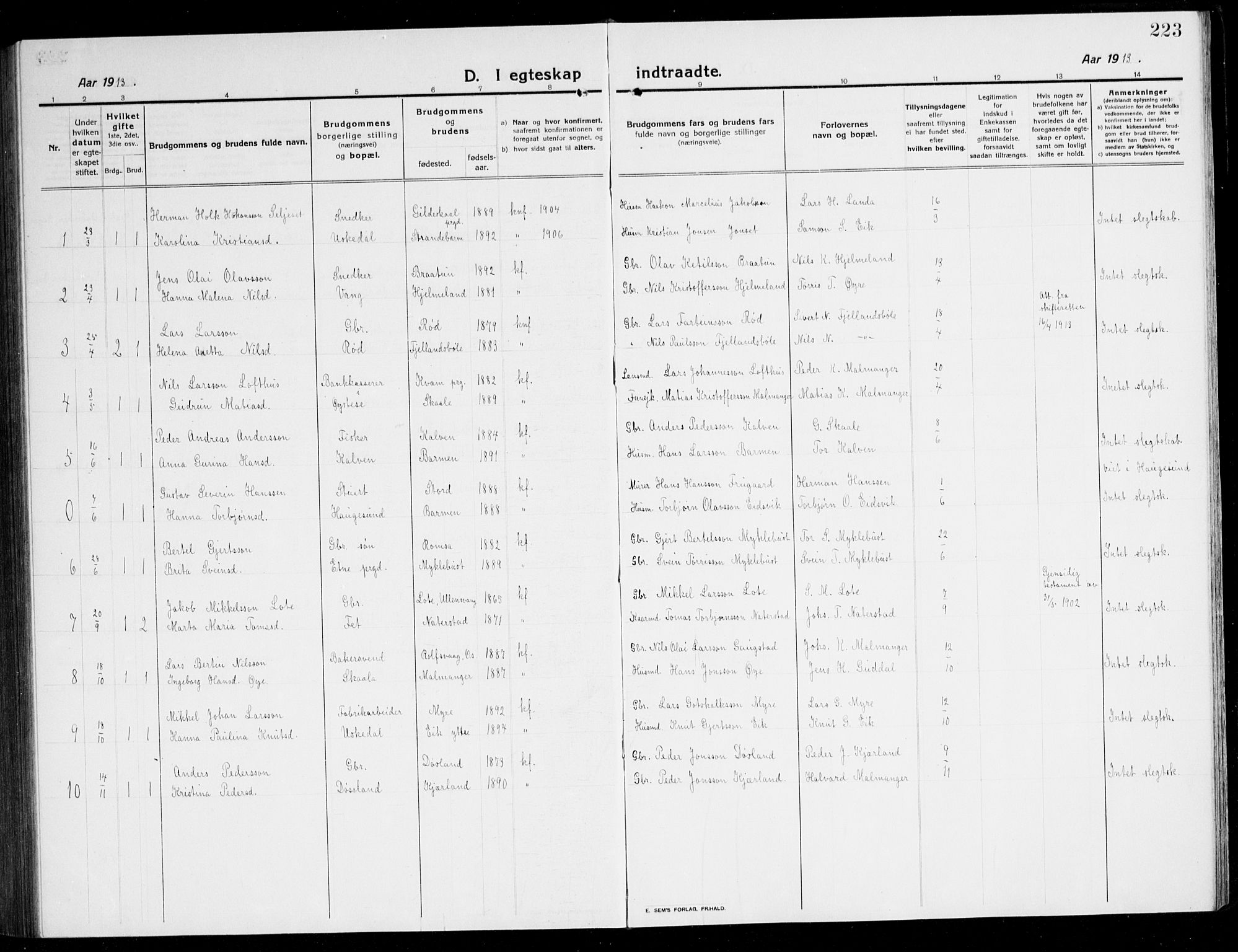 Kvinnherad sokneprestembete, SAB/A-76401/H/Hab: Parish register (copy) no. A 3, 1911-1945, p. 223