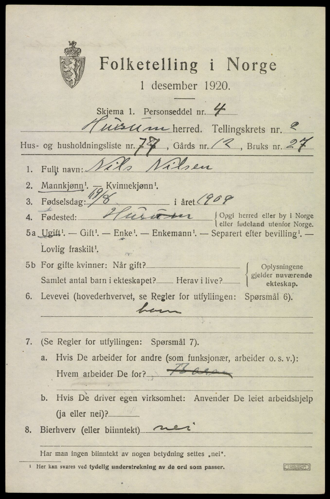 SAKO, 1920 census for Hurum, 1920, p. 4602