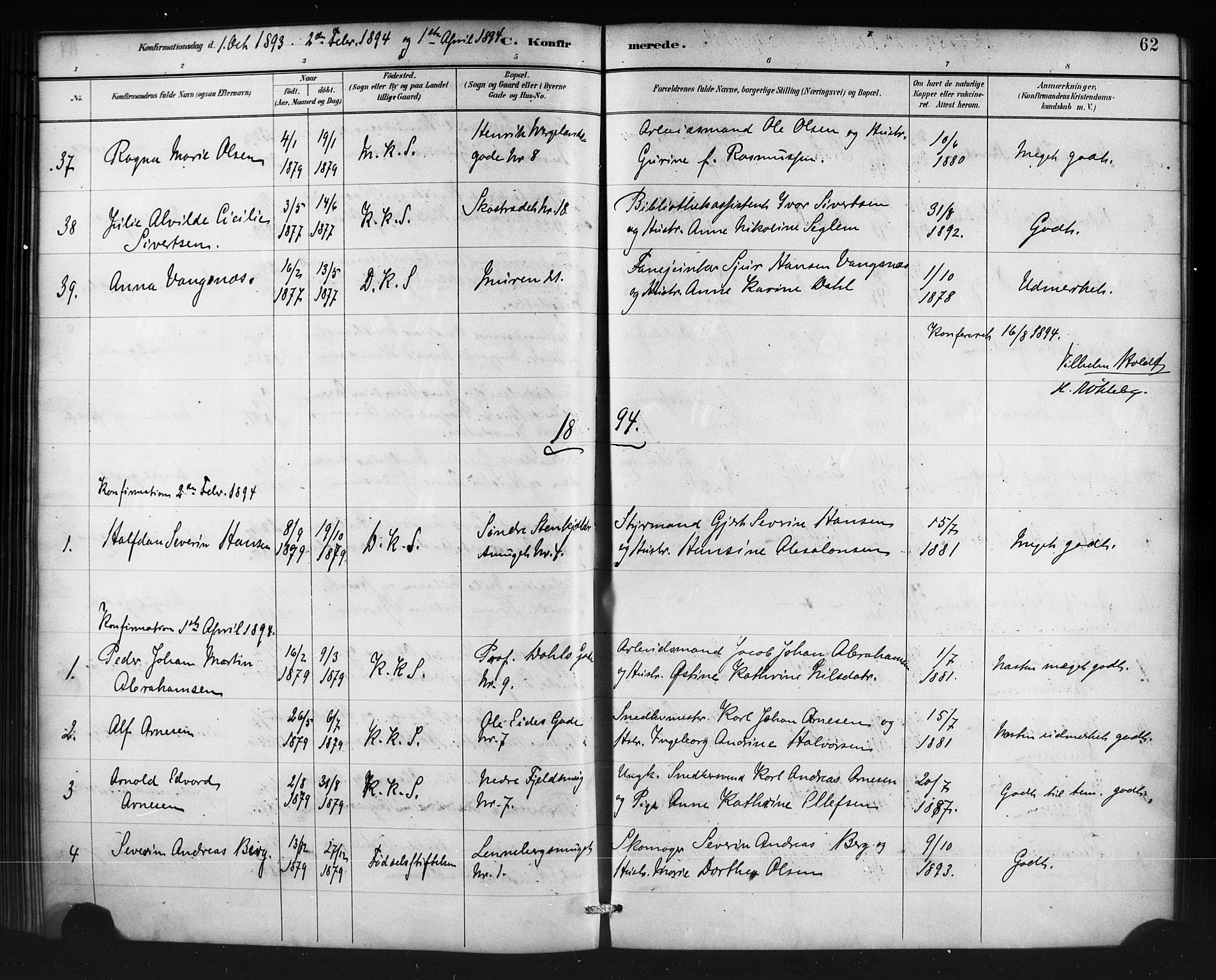 Korskirken sokneprestembete, SAB/A-76101/H/Haa/L0071: Curate's parish register no. A 6, 1885-1912, p. 62