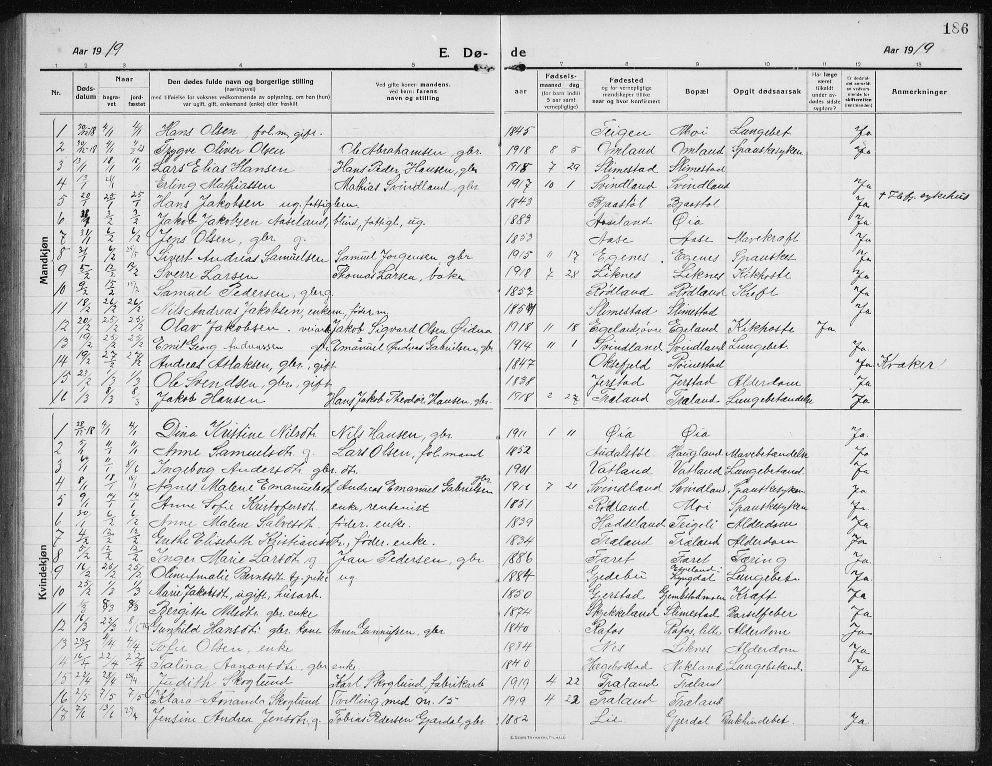 Kvinesdal sokneprestkontor, SAK/1111-0026/F/Fb/Fbb/L0004: Parish register (copy) no. B 4, 1917-1938, p. 186
