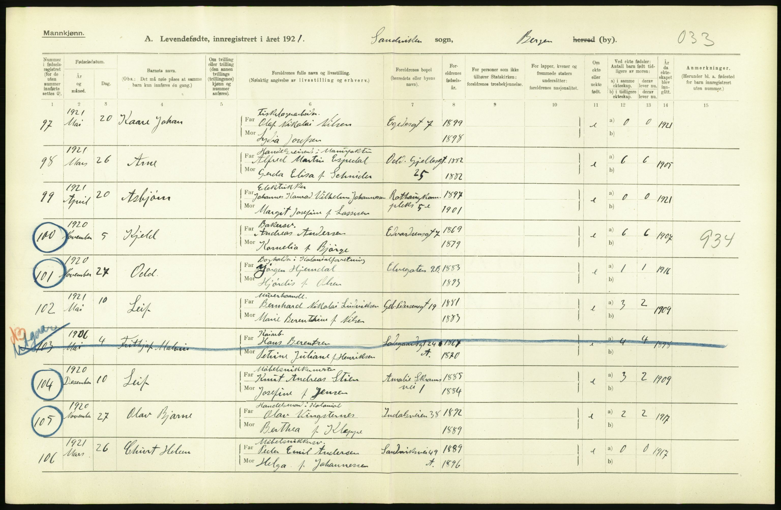 Statistisk sentralbyrå, Sosiodemografiske emner, Befolkning, AV/RA-S-2228/D/Df/Dfc/Dfca/L0034: Bergen: Levendefødte menn og kvinner., 1921, p. 30