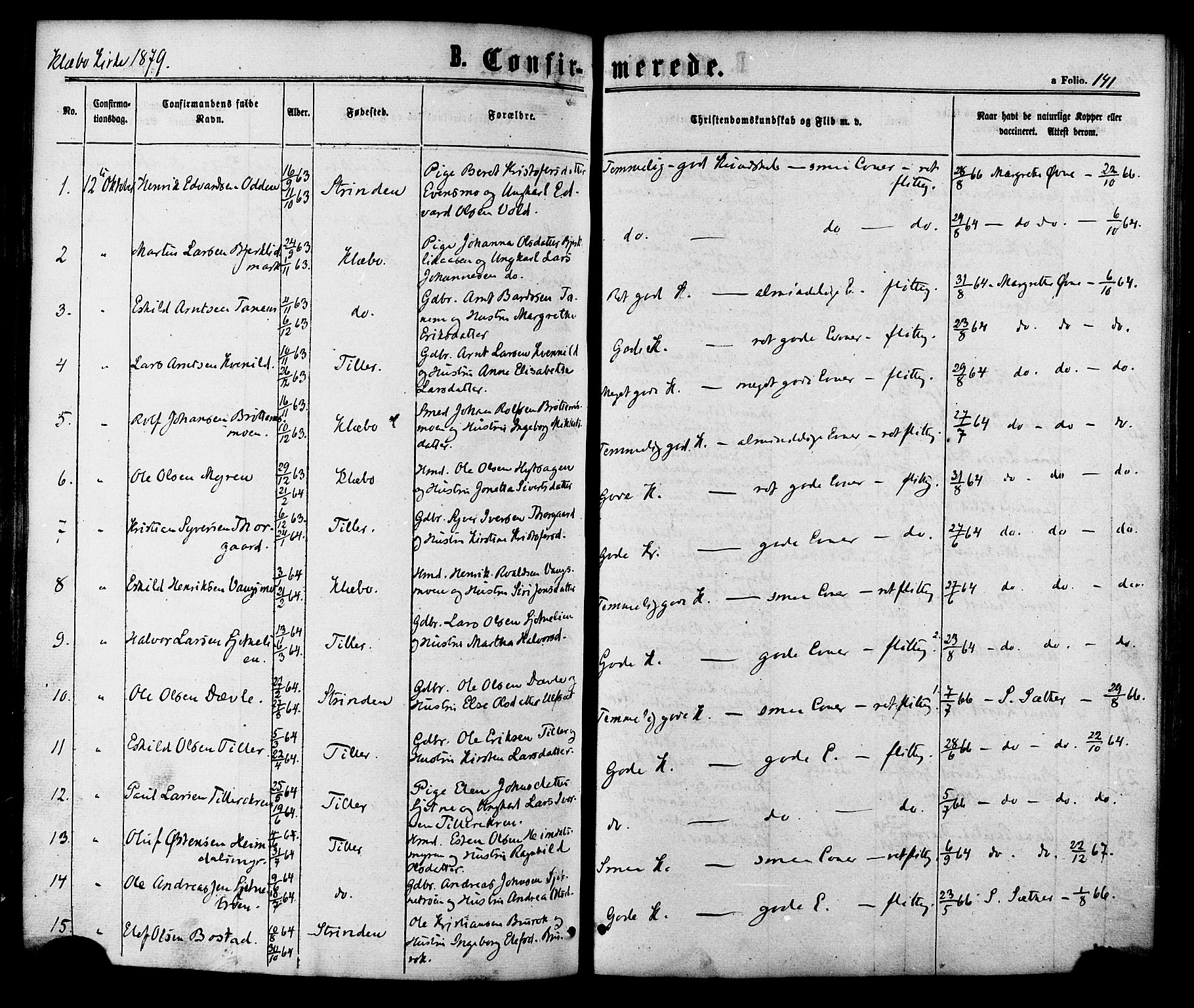 Ministerialprotokoller, klokkerbøker og fødselsregistre - Sør-Trøndelag, SAT/A-1456/618/L0442: Parish register (official) no. 618A06 /1, 1863-1879, p. 141