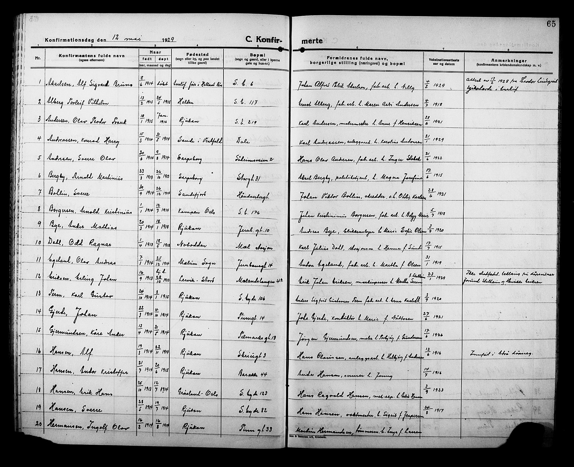 Rjukan kirkebøker, SAKO/A-294/G/Ga/L0004: Parish register (copy) no. 4, 1923-1932, p. 65