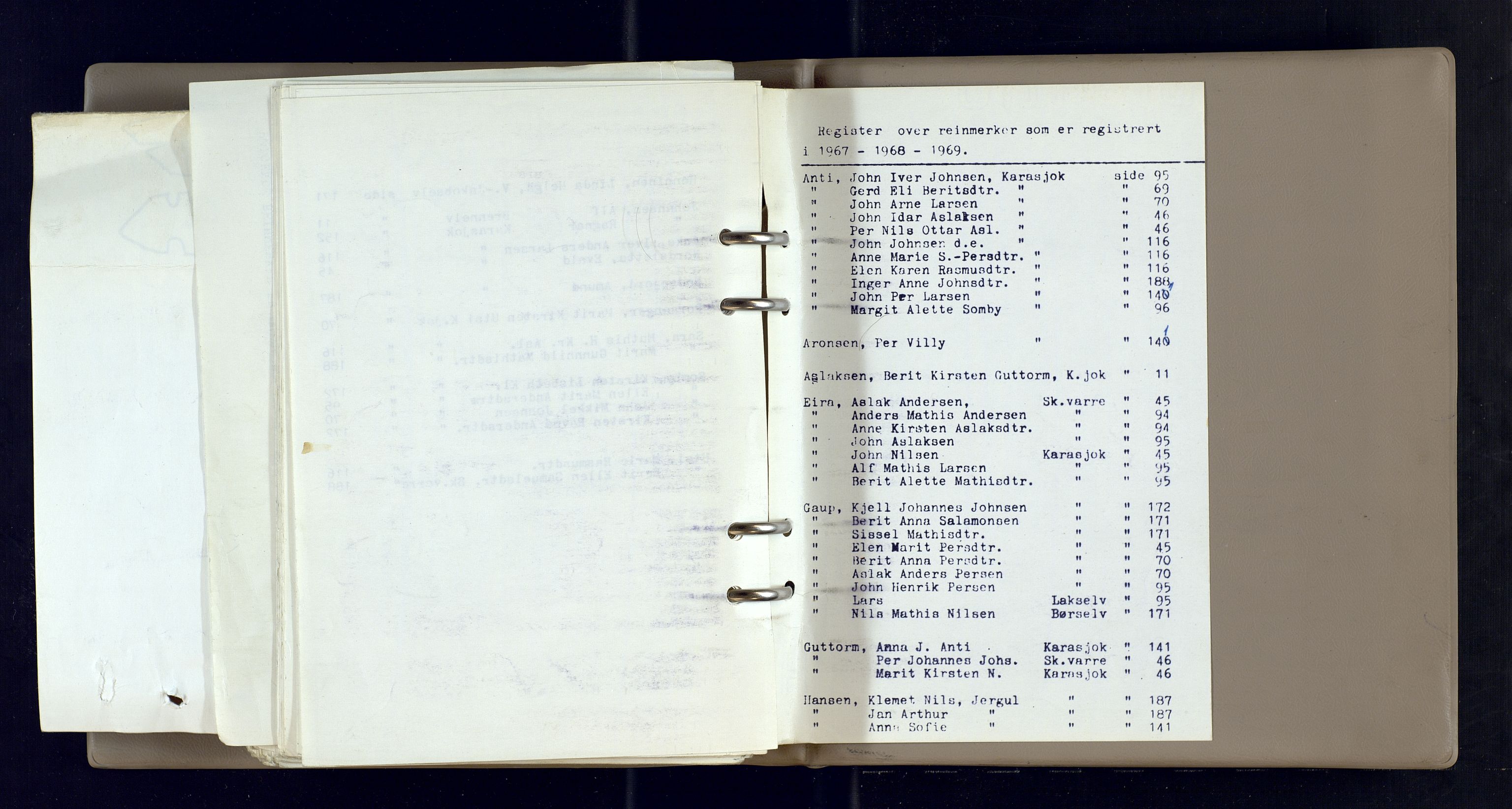 Lappefogden i Finnmark/Reindriftsforvaltningen Øst-Finnmark, AV/SATØ-S-1461/G/Gd/L0001/0002: Reinmerkeregisterprotokoller / Reinmerkeregisterprotokoll for Karasjok reinsogn, 1967-1969