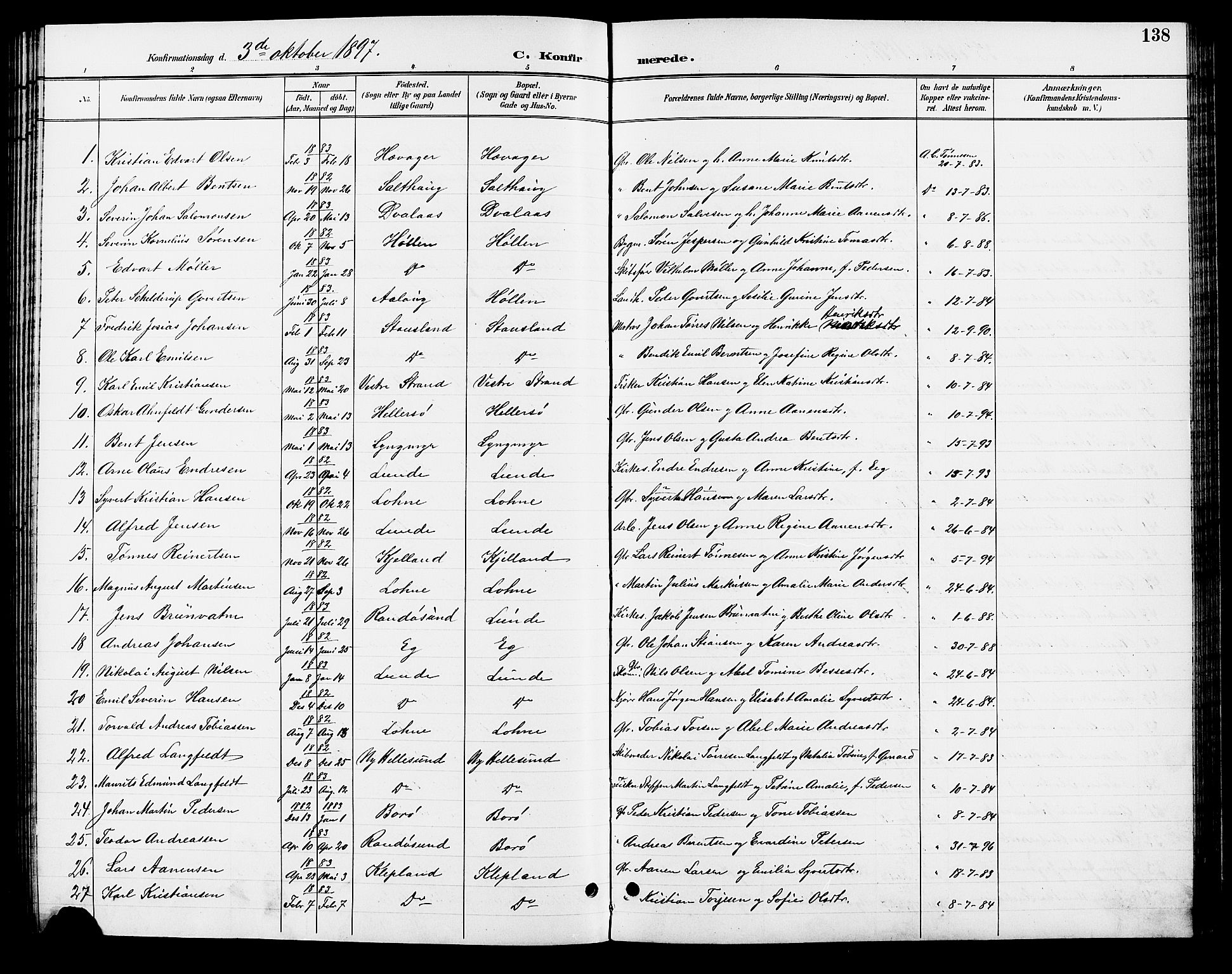 Søgne sokneprestkontor, SAK/1111-0037/F/Fb/Fbb/L0006: Parish register (copy) no. B 6, 1892-1911, p. 138