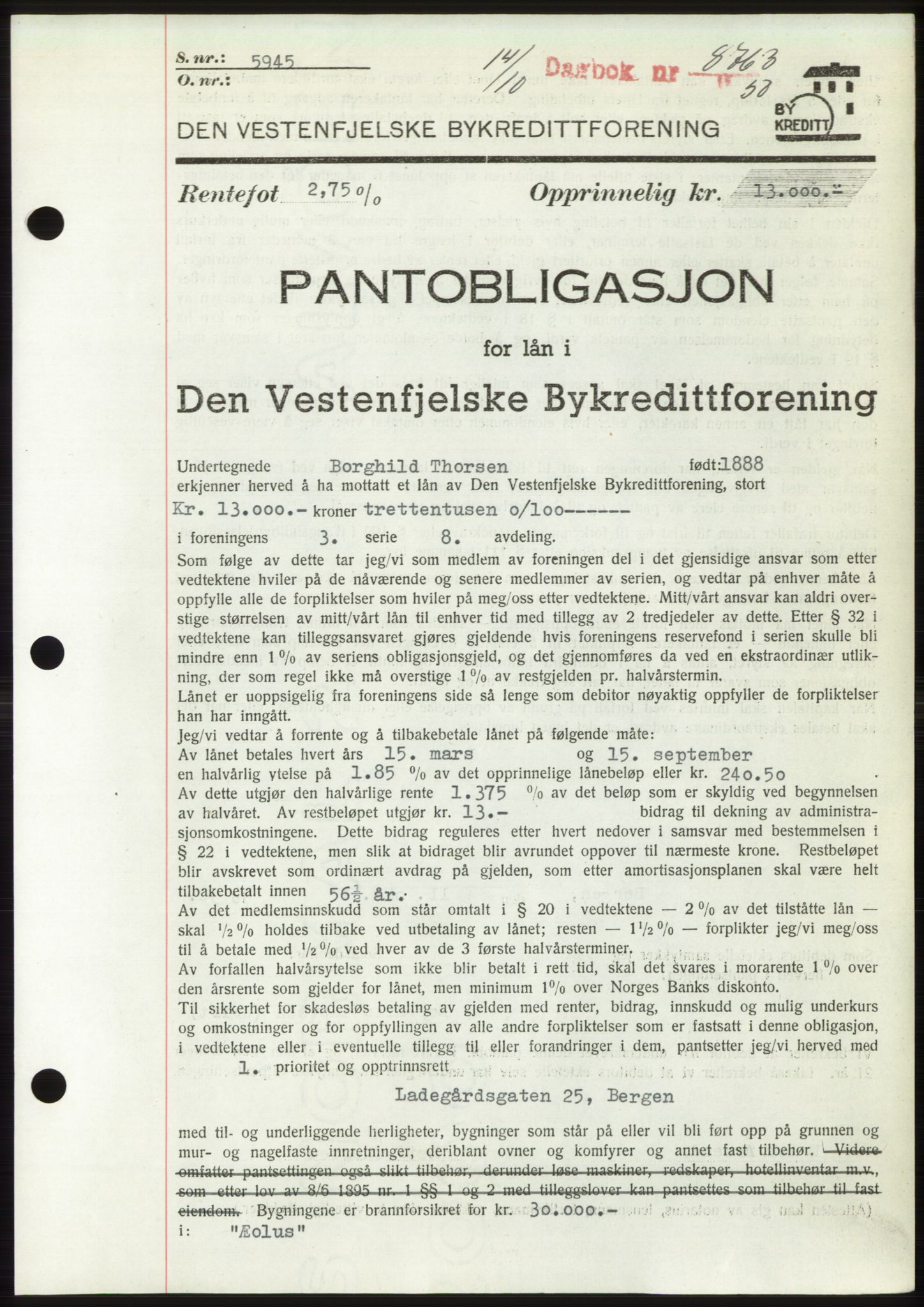 Byfogd og Byskriver i Bergen, AV/SAB-A-3401/03/03Bd/L0004: Mortgage book no. B40-41, 1950-1950, Diary no: : 8763/1950