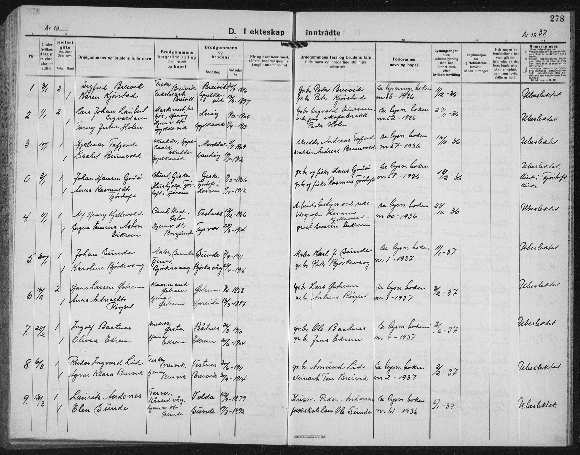 Ministerialprotokoller, klokkerbøker og fødselsregistre - Møre og Romsdal, AV/SAT-A-1454/528/L0436: Parish register (copy) no. 528C17, 1927-1939, p. 278