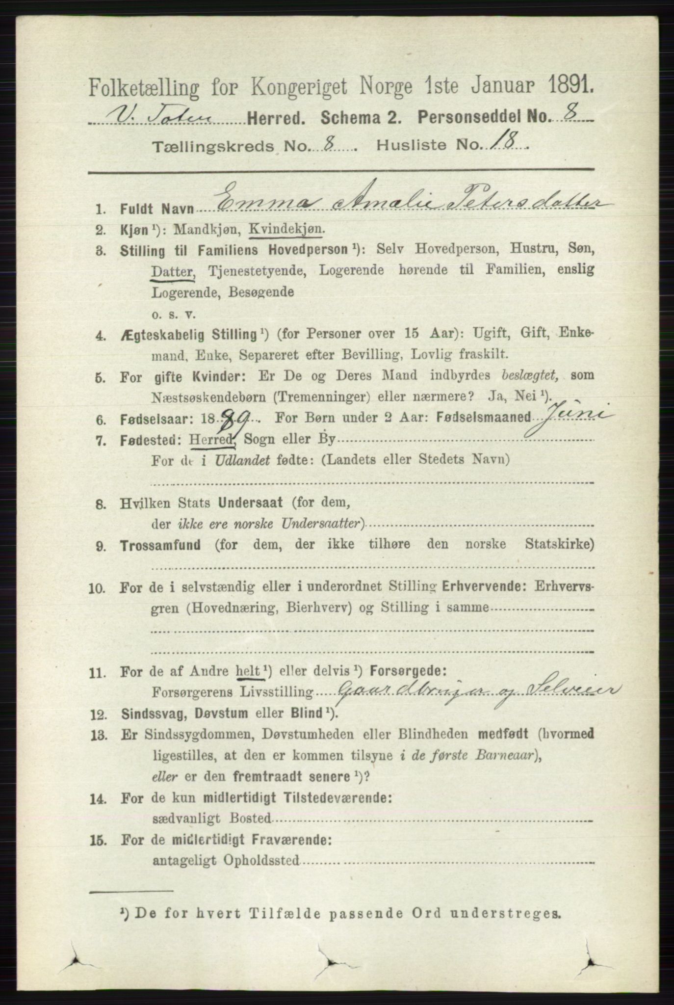 RA, 1891 census for 0529 Vestre Toten, 1891, p. 5104