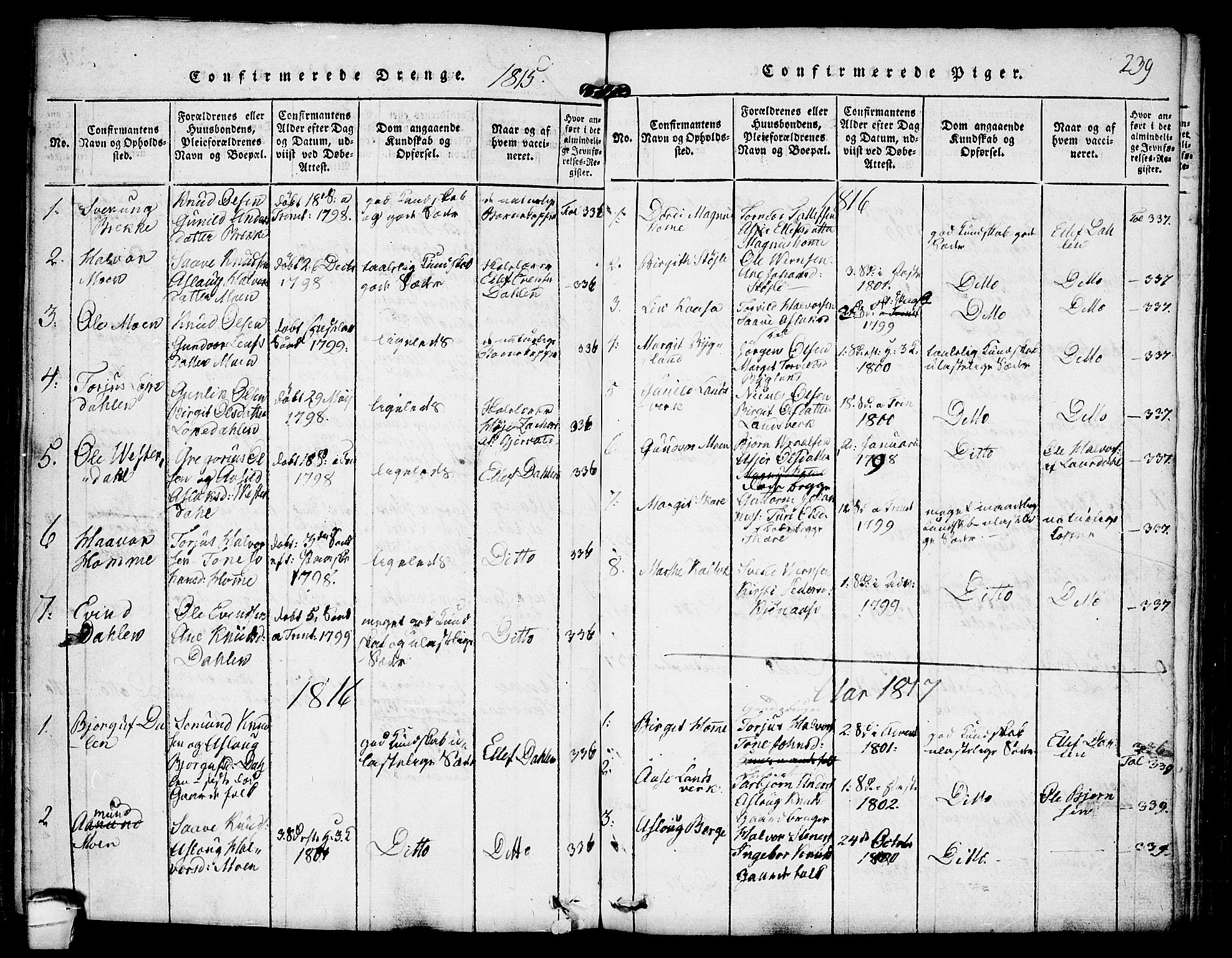 Kviteseid kirkebøker, SAKO/A-276/F/Fb/L0001: Parish register (official) no. II 1, 1815-1836, p. 239