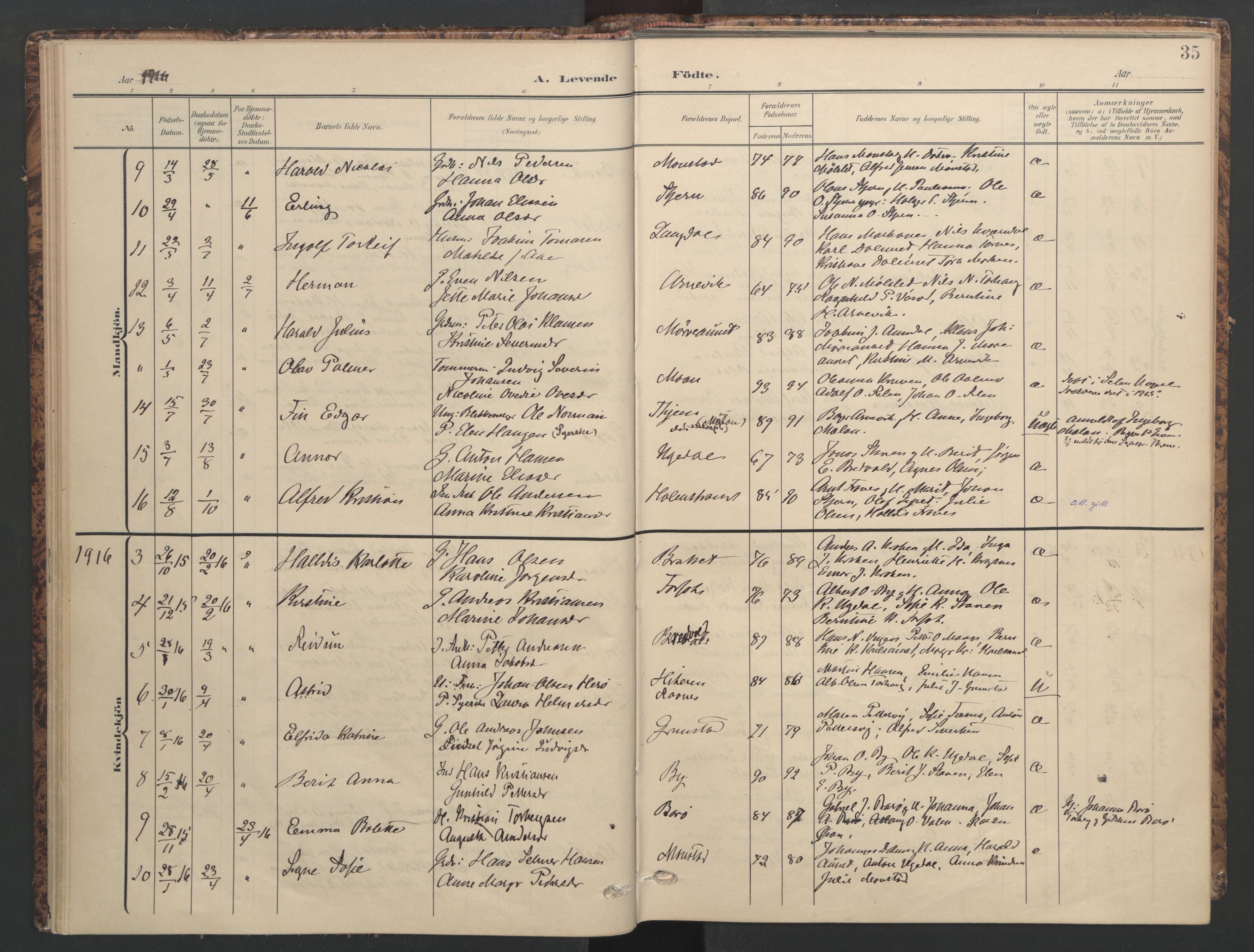Ministerialprotokoller, klokkerbøker og fødselsregistre - Sør-Trøndelag, SAT/A-1456/655/L0682: Parish register (official) no. 655A11, 1908-1922, p. 35