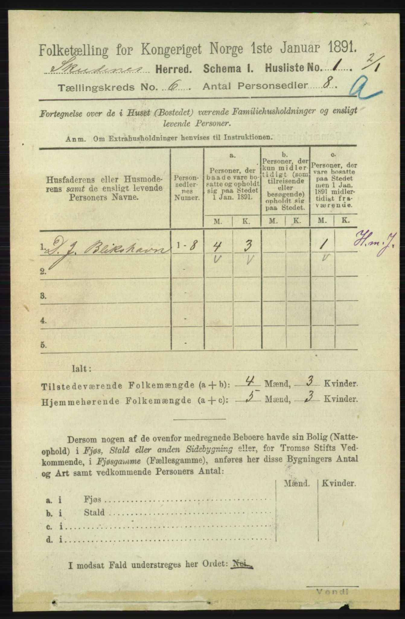 RA, 1891 census for 1150 Skudenes, 1891, p. 2910