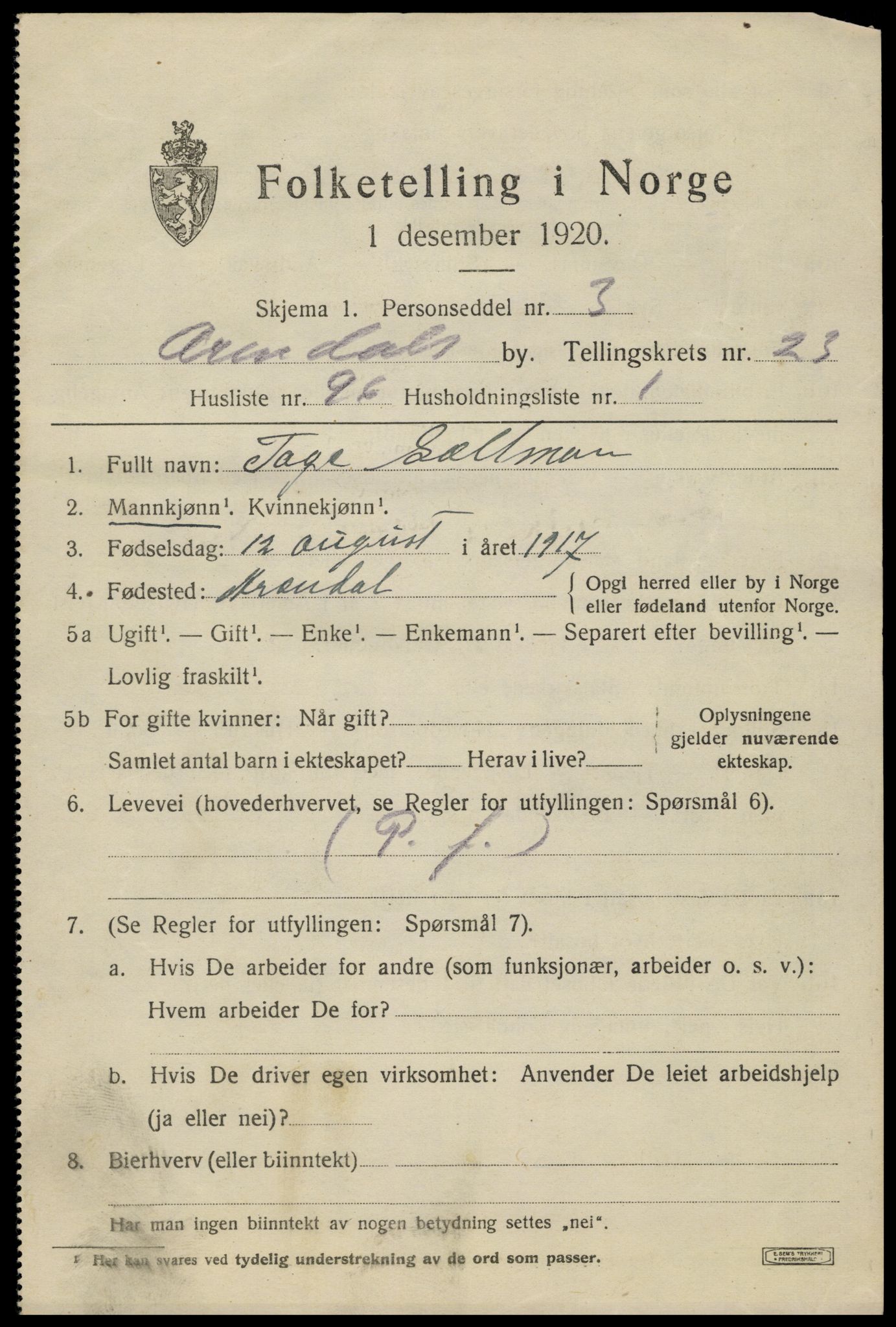 SAK, 1920 census for Arendal, 1920, p. 29788