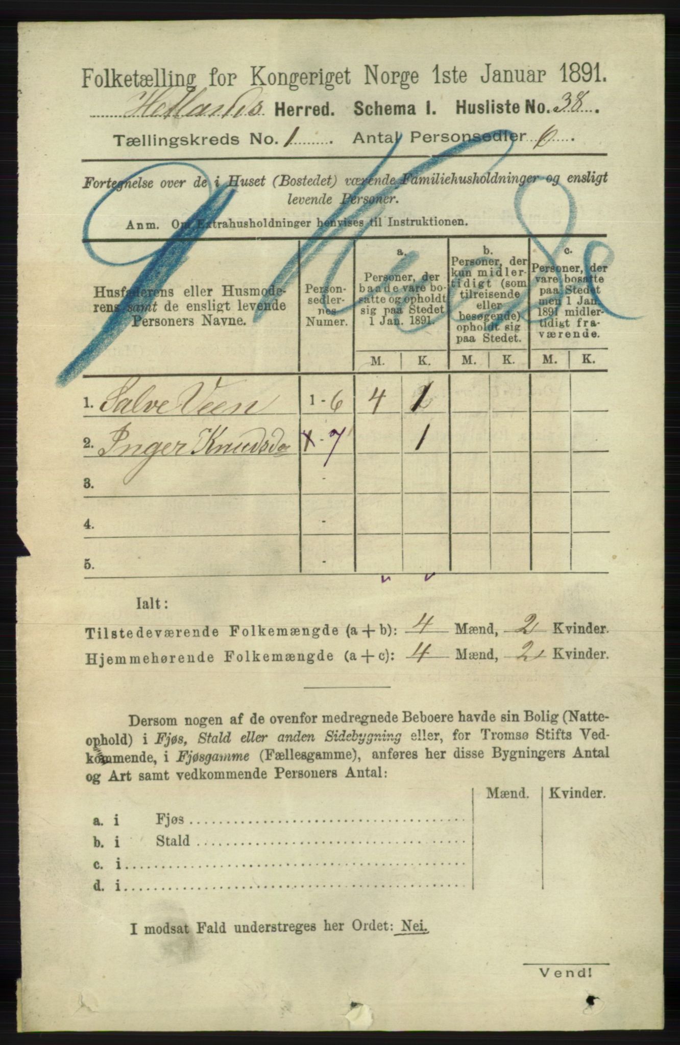 RA, 1891 census for 1126 Hetland, 1891, p. 71