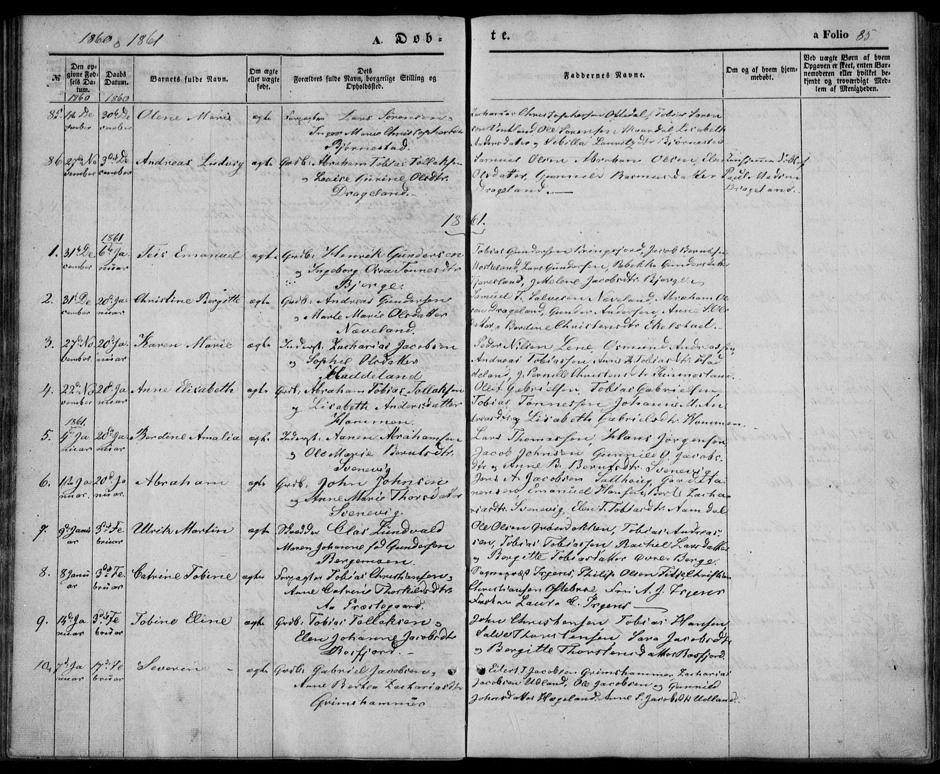 Lyngdal sokneprestkontor, SAK/1111-0029/F/Fa/Fac/L0009: Parish register (official) no. A 9, 1852-1864, p. 85