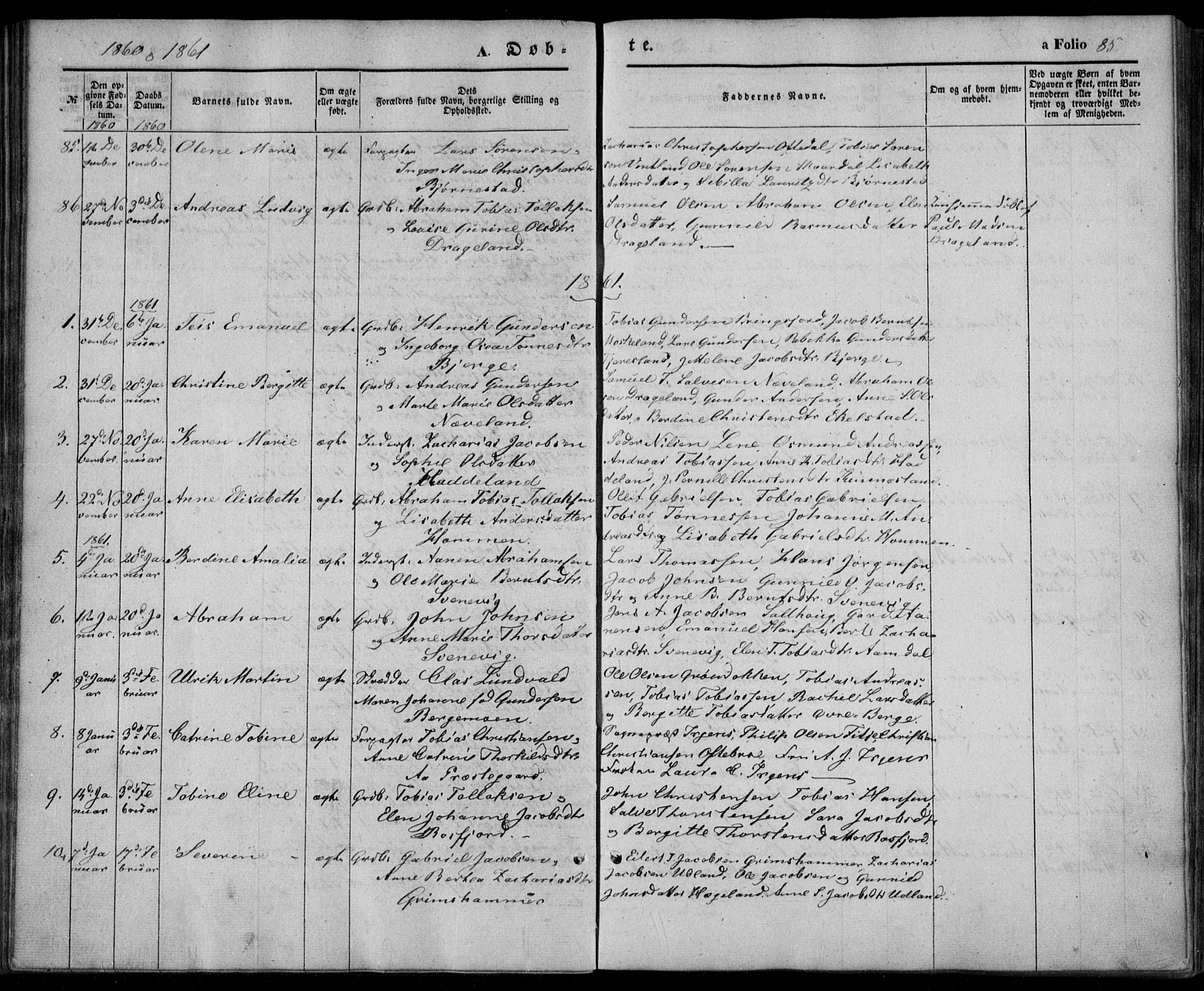 Lyngdal sokneprestkontor, AV/SAK-1111-0029/F/Fa/Fac/L0009: Parish register (official) no. A 9, 1852-1864, p. 85