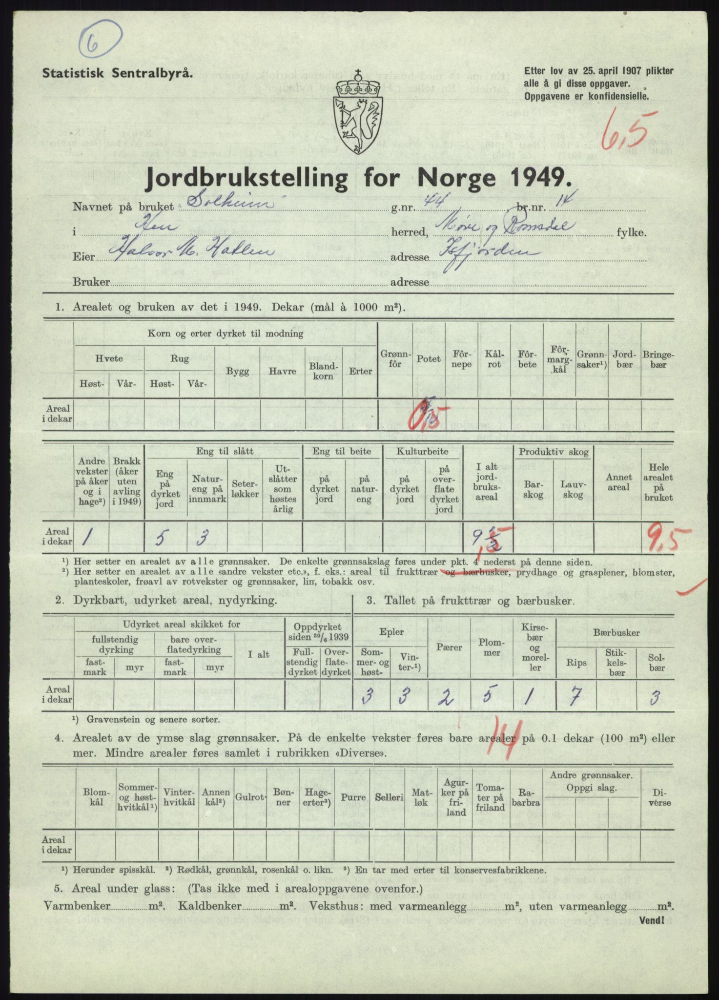 Statistisk sentralbyrå, Næringsøkonomiske emner, Jordbruk, skogbruk, jakt, fiske og fangst, AV/RA-S-2234/G/Gc/L0323: Møre og Romsdal: Grytten og Hen, 1949, p. 535