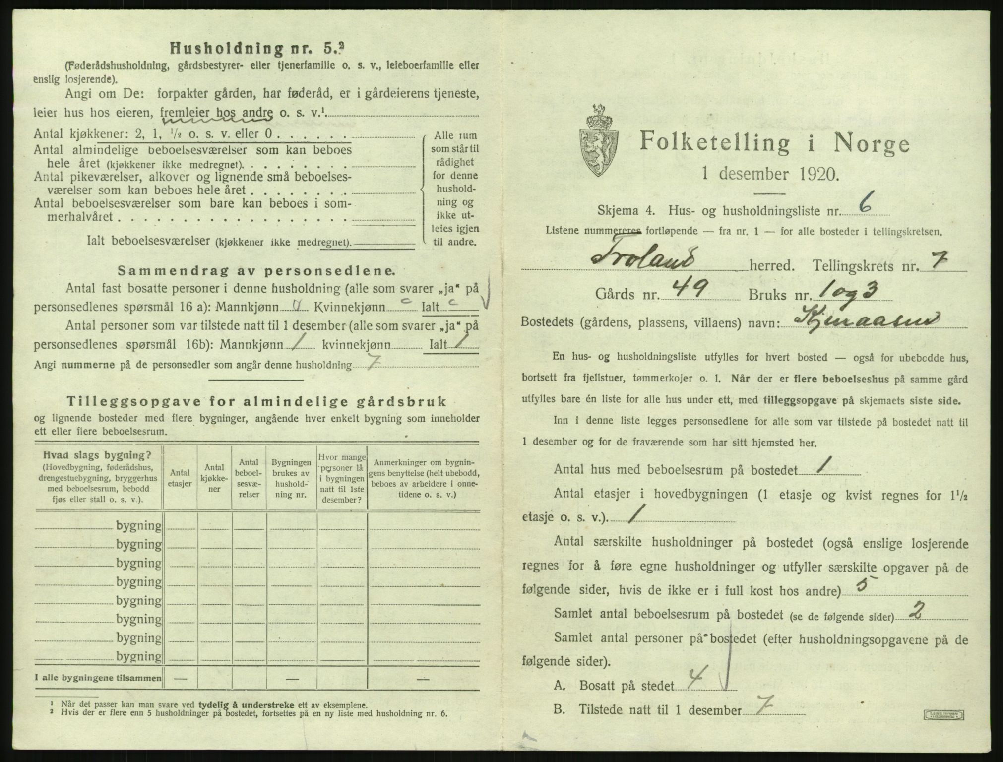 SAK, 1920 census for Froland, 1920, p. 647