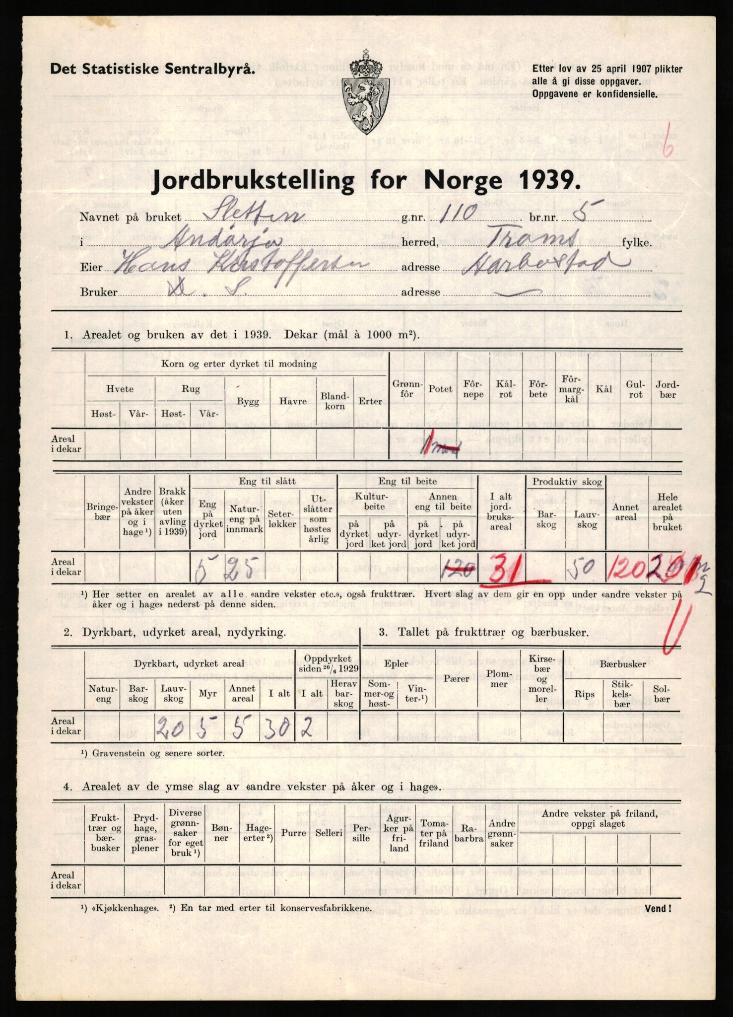 Statistisk sentralbyrå, Næringsøkonomiske emner, Jordbruk, skogbruk, jakt, fiske og fangst, AV/RA-S-2234/G/Gb/L0339: Troms: Andørja, Astafjord og Lavangen, 1939, p. 661