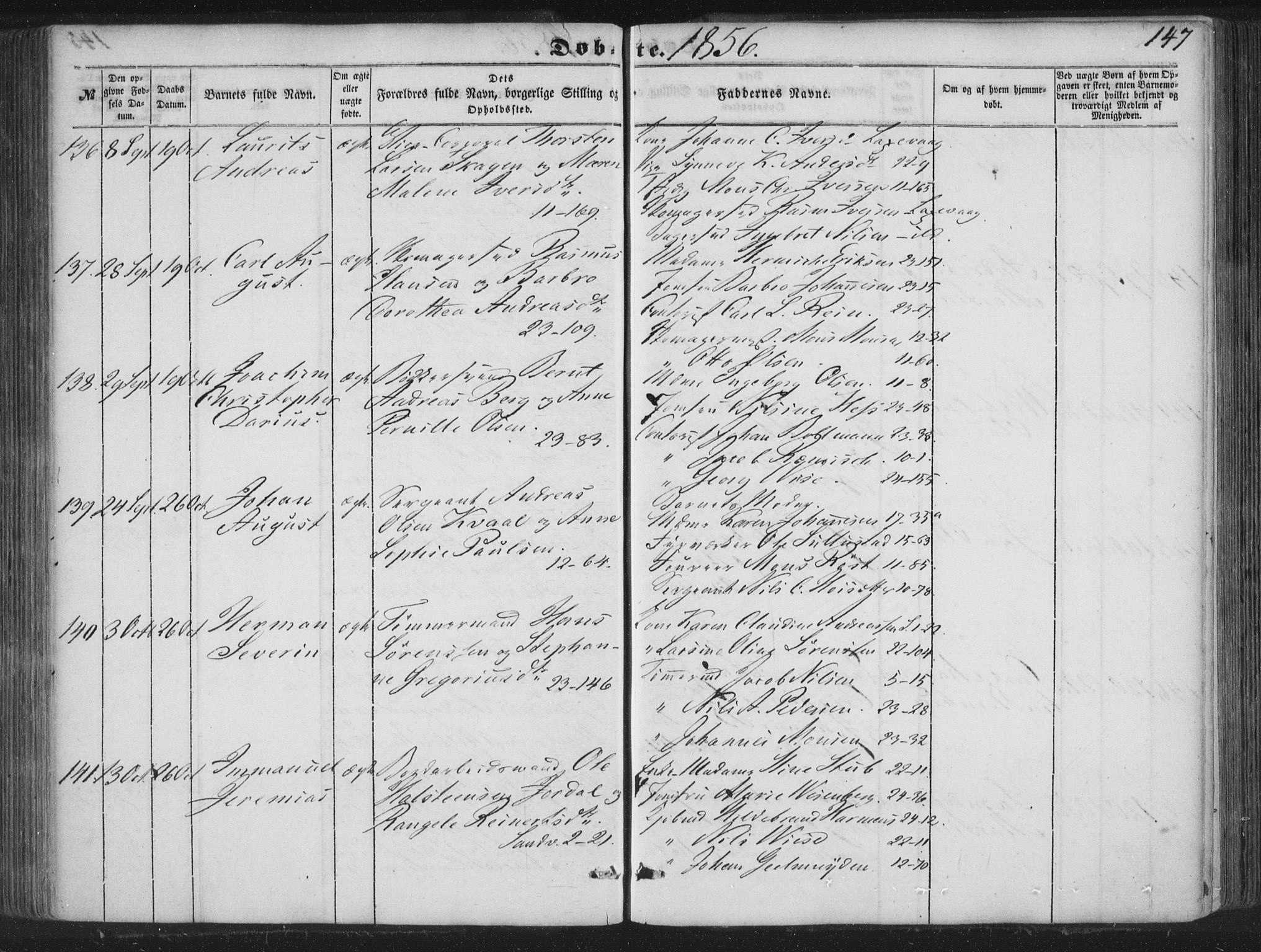 Korskirken sokneprestembete, AV/SAB-A-76101/H/Haa/L0017: Parish register (official) no. B 3, 1851-1857, p. 147