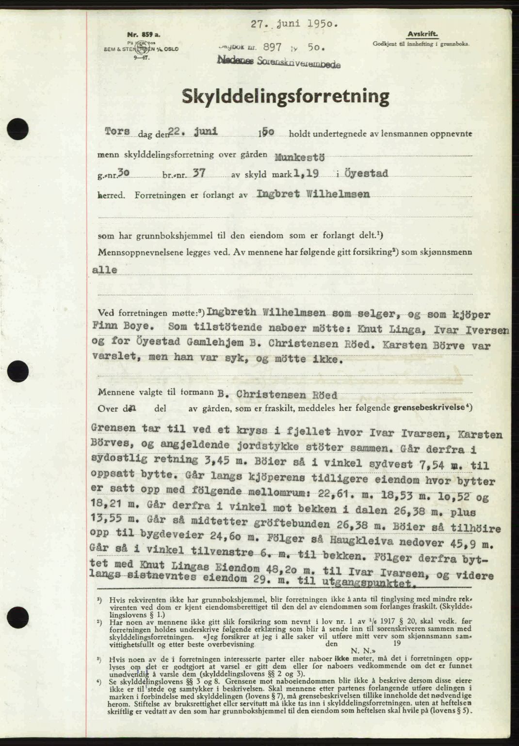 Nedenes sorenskriveri, SAK/1221-0006/G/Gb/Gba/L0062: Mortgage book no. A14, 1949-1950, Diary no: : 897/1950