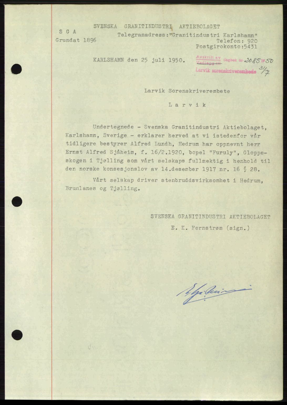 Larvik sorenskriveri, AV/SAKO-A-83/G/Ga/Gab/L0092: Mortgage book no. A-26, 1950-1950, Diary no: : 2085/1950