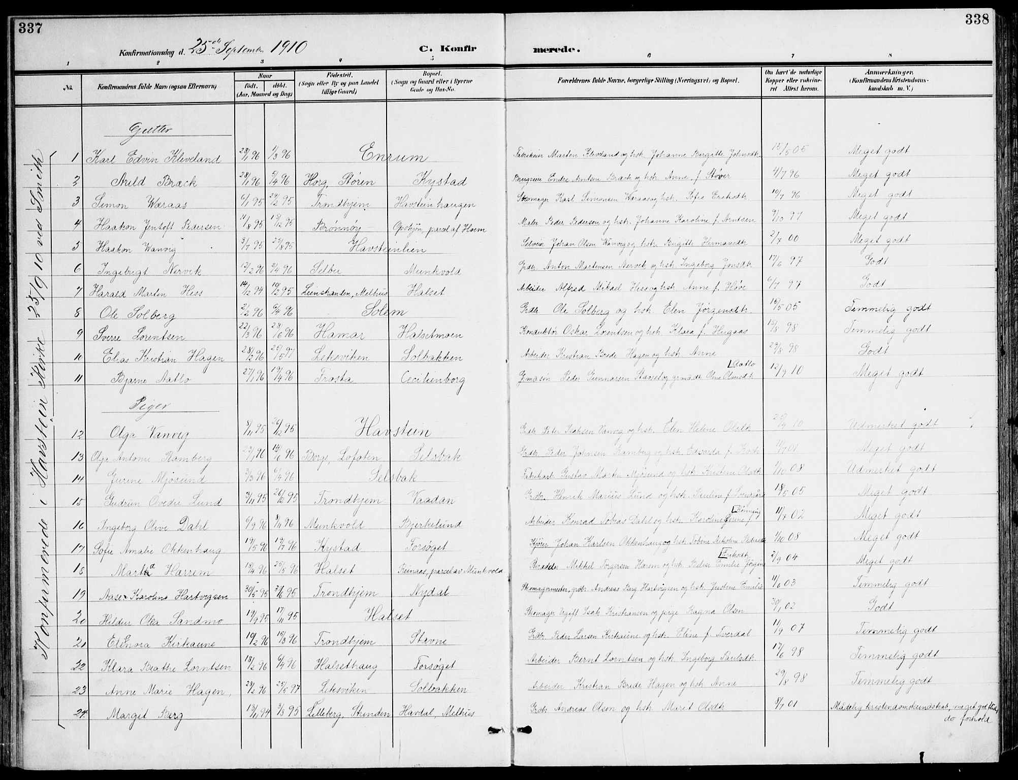 Ministerialprotokoller, klokkerbøker og fødselsregistre - Sør-Trøndelag, AV/SAT-A-1456/607/L0320: Parish register (official) no. 607A04, 1907-1915, p. 337-338