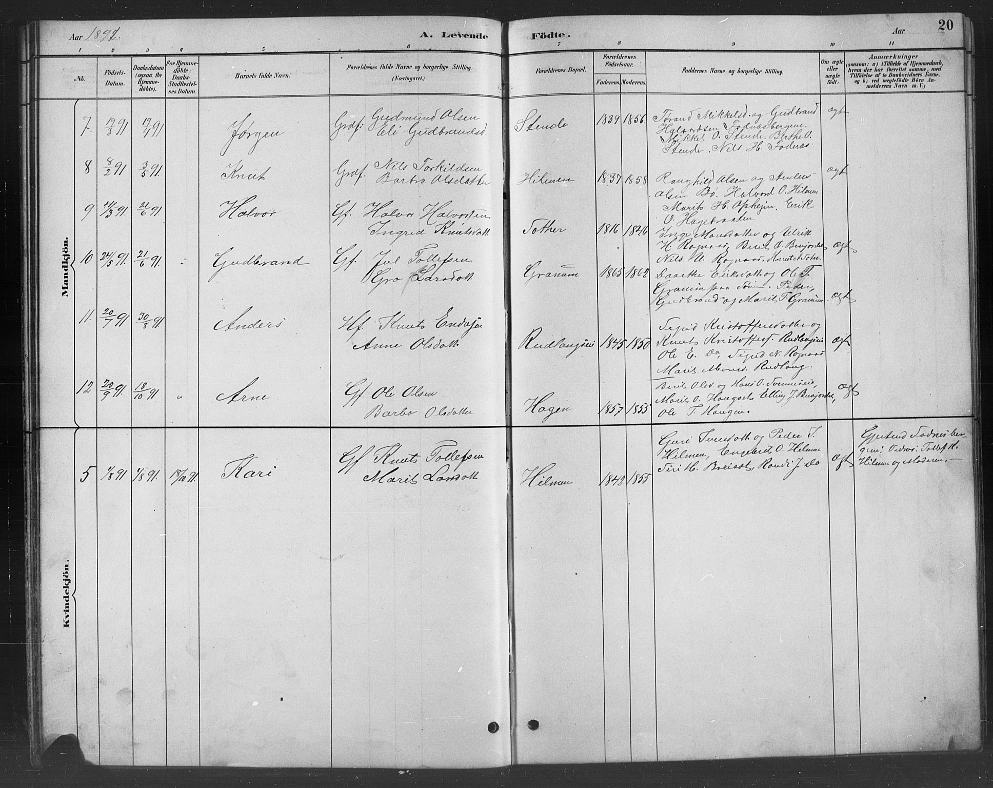 Nord-Aurdal prestekontor, SAH/PREST-132/H/Ha/Hab/L0008: Parish register (copy) no. 8, 1883-1916, p. 20