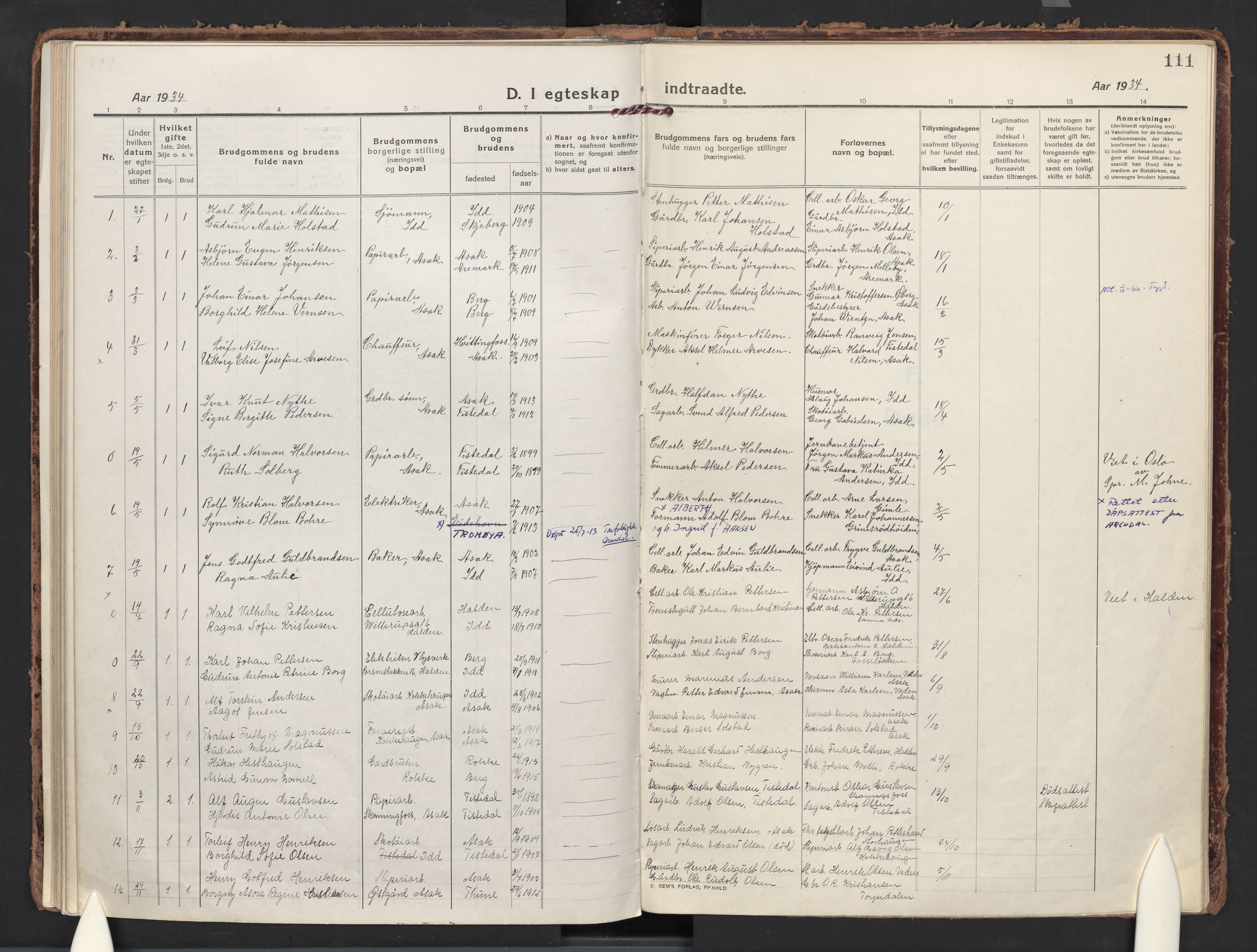 Berg prestekontor Kirkebøker, AV/SAO-A-10902/F/Fb/L0004: Parish register (official) no. II 4, 1919-1935, p. 111