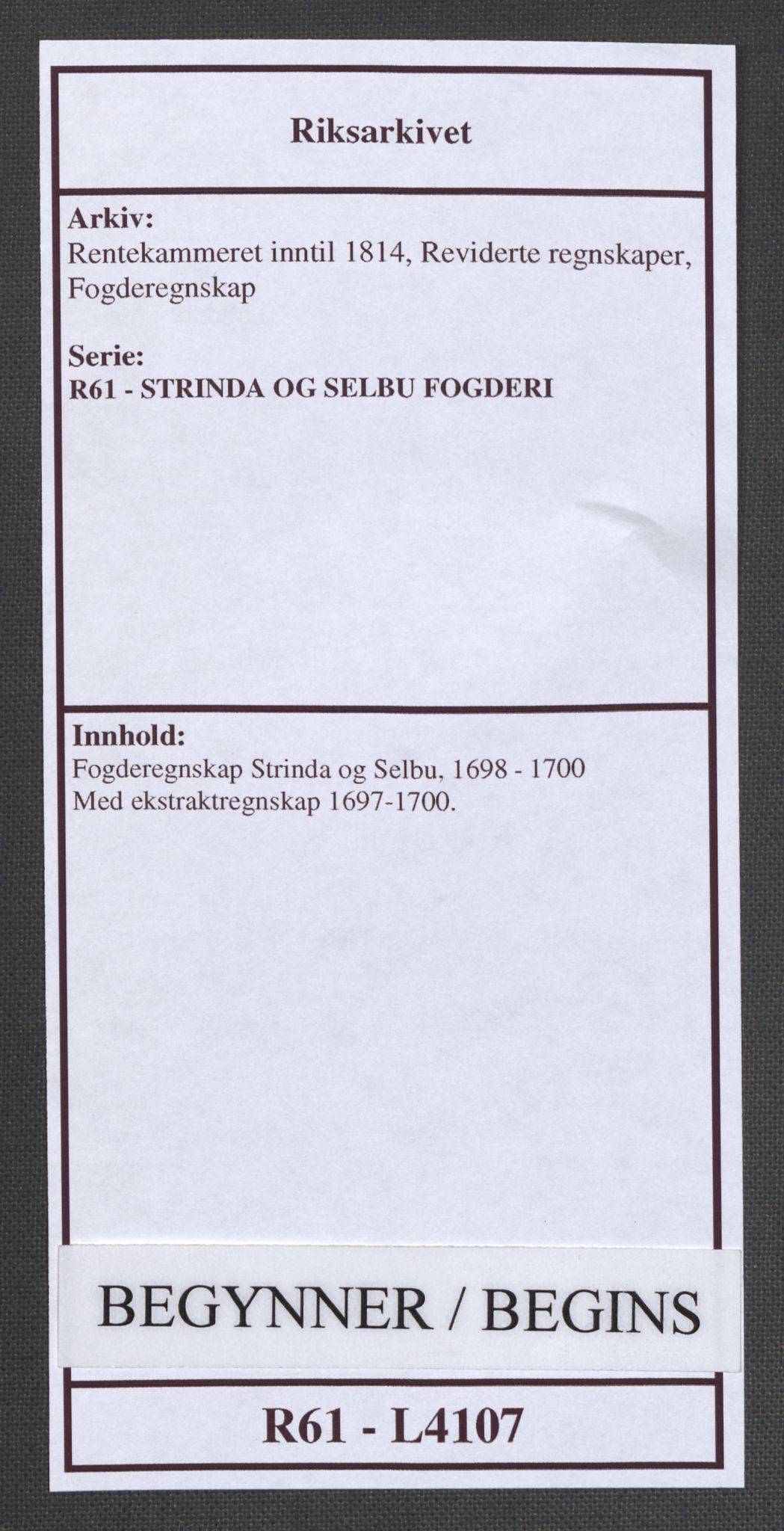 Rentekammeret inntil 1814, Reviderte regnskaper, Fogderegnskap, AV/RA-EA-4092/R61/L4107: Fogderegnskap Strinda og Selbu, 1698-1700, p. 1