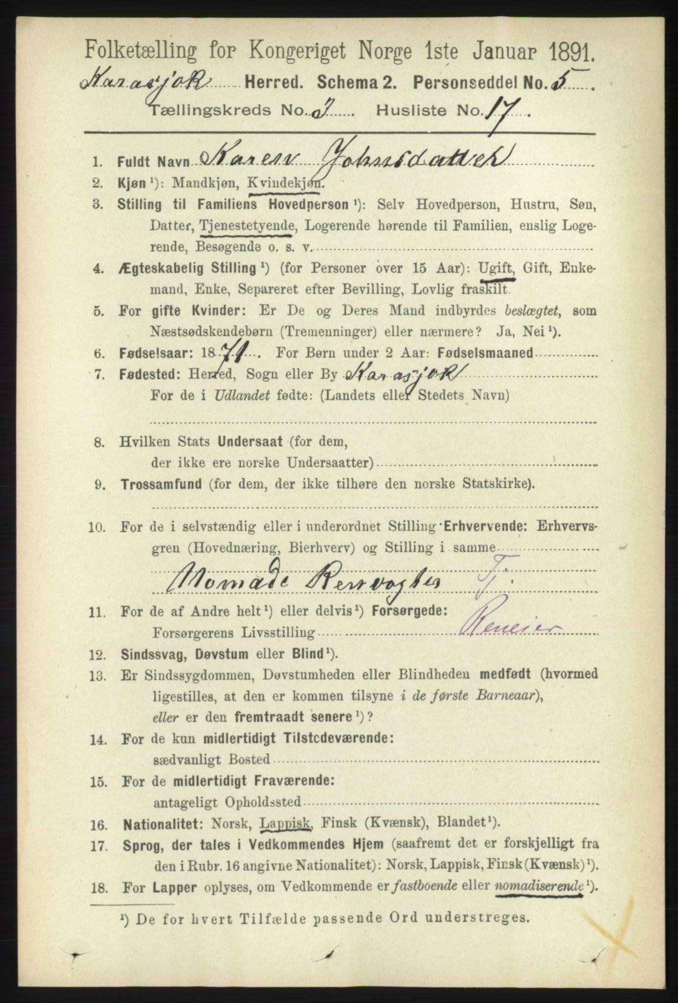 RA, 1891 census for 2021 Karasjok, 1891, p. 656