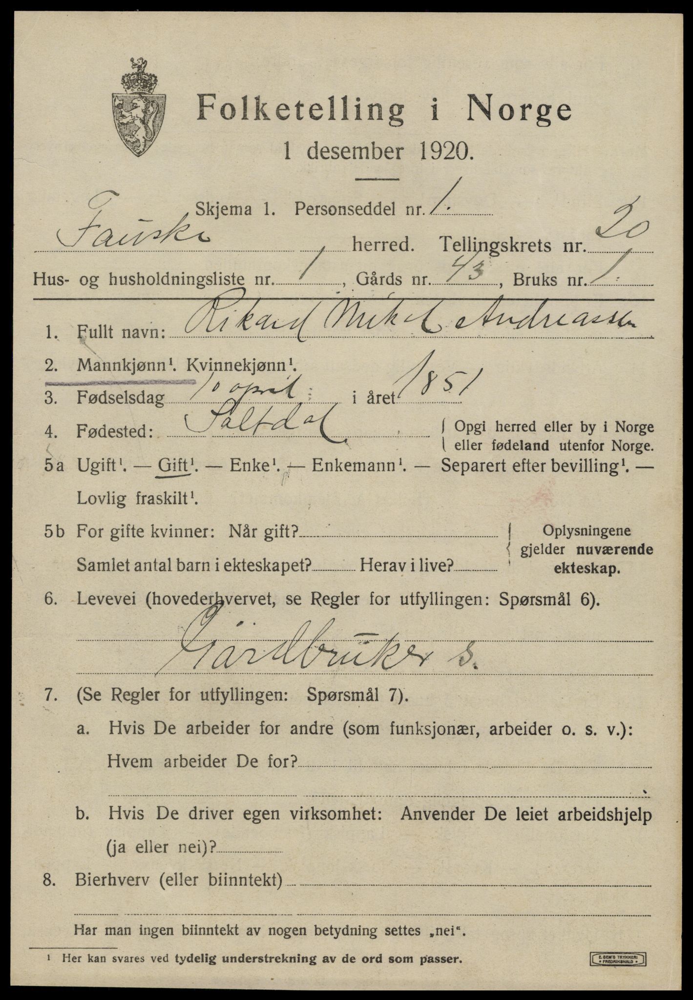 SAT, 1920 census for Fauske, 1920, p. 11948