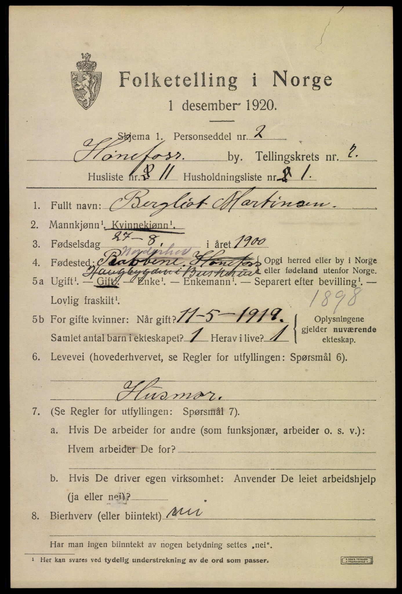 SAKO, 1920 census for Hønefoss, 1920, p. 4070