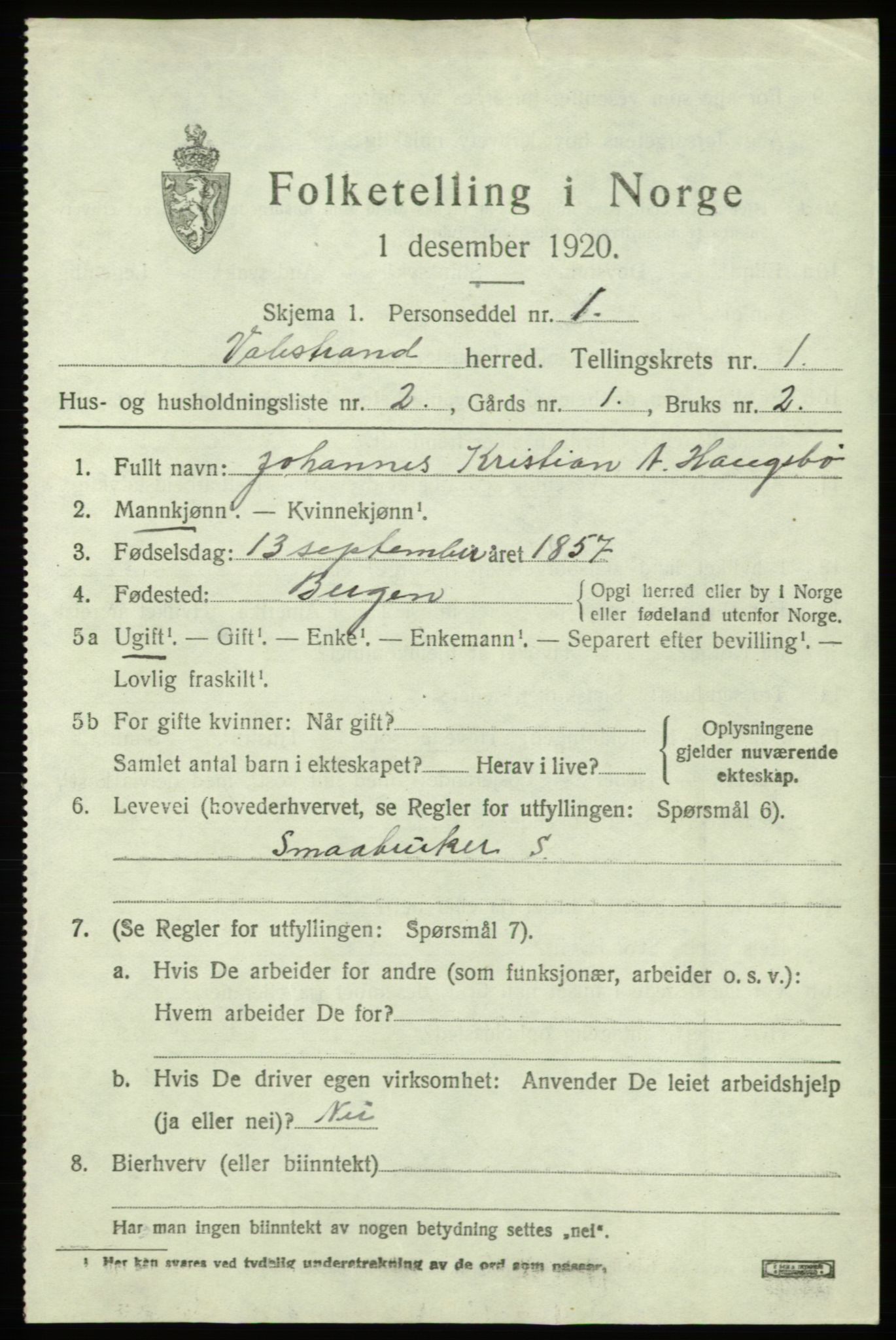 SAB, 1920 census for Valestrand, 1920, p. 475