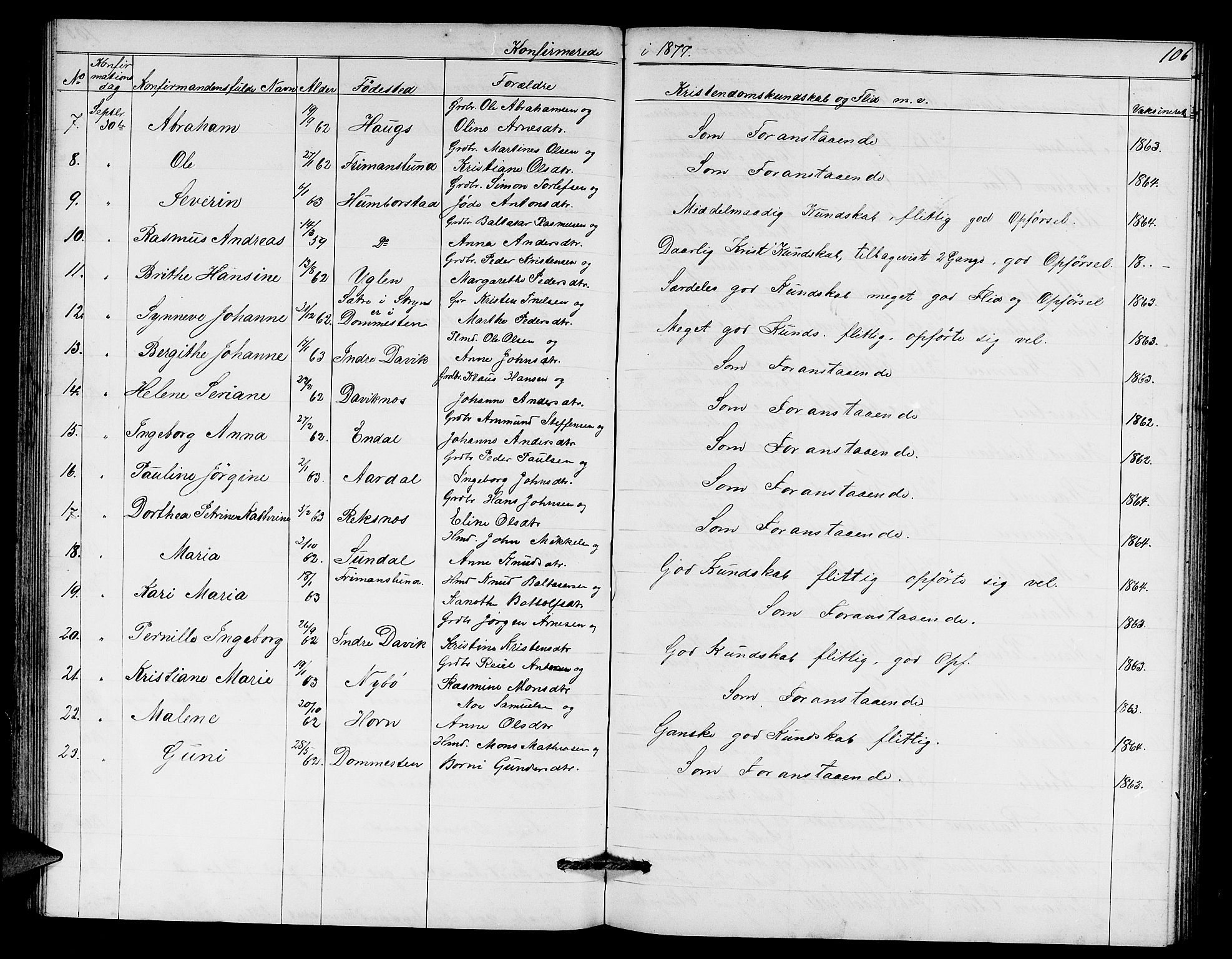 Davik sokneprestembete, AV/SAB-A-79701/H/Hab/Haba/L0001: Parish register (copy) no. A 1, 1866-1889, p. 106