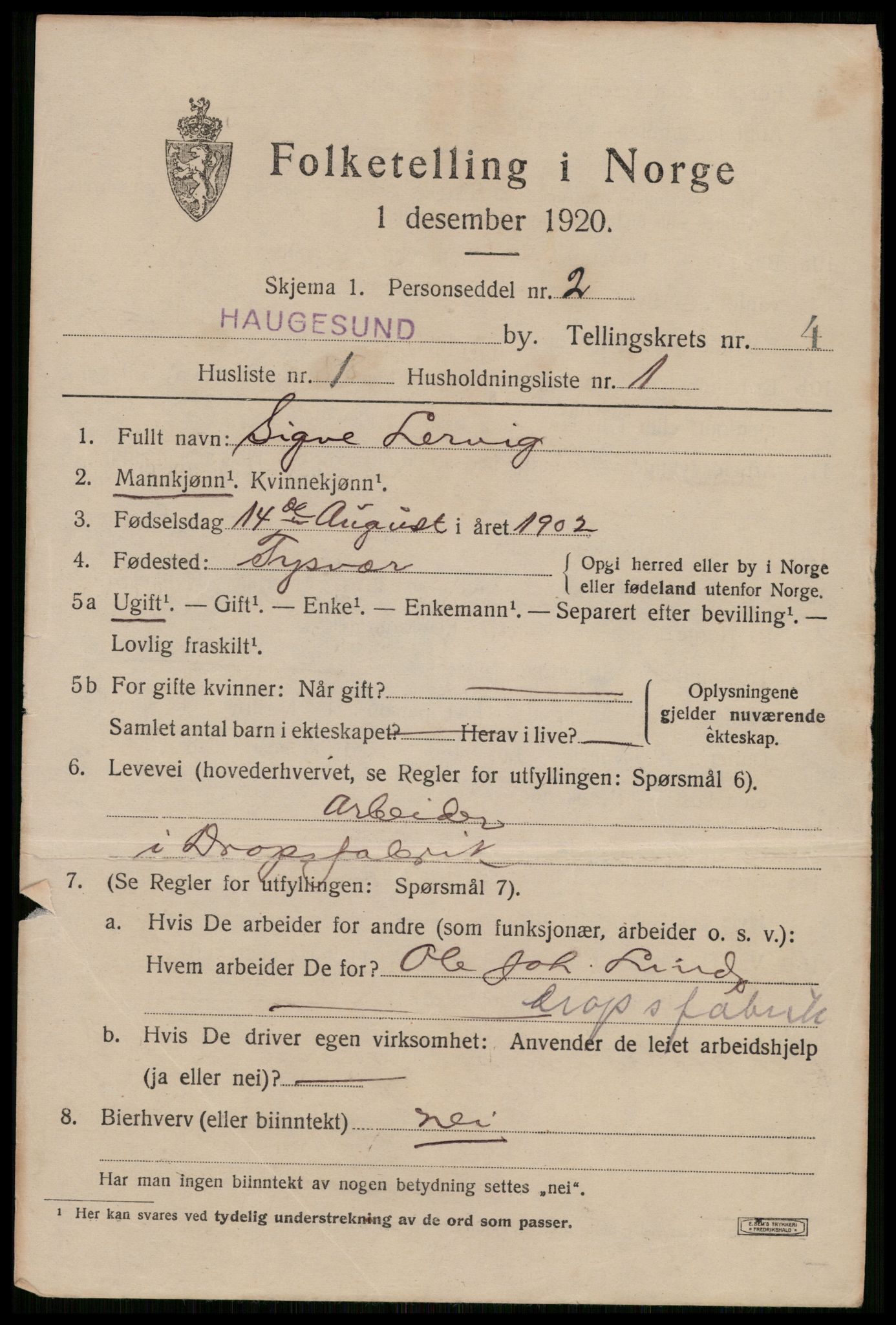 SAST, 1920 census for Haugesund, 1920, p. 15235