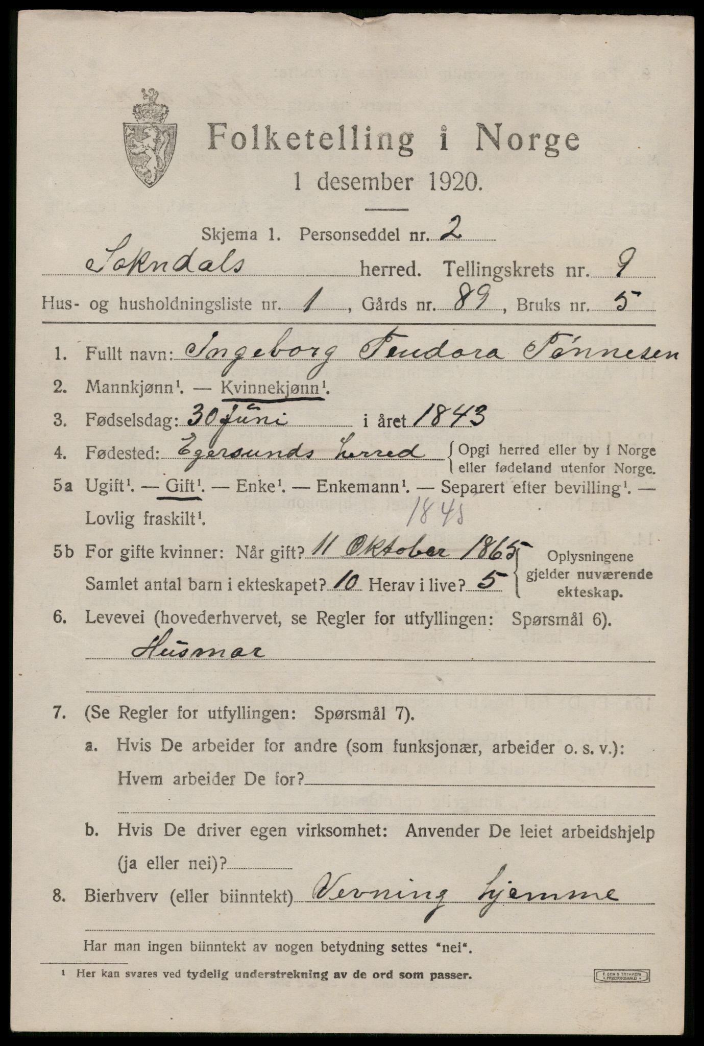 SAST, 1920 census for Sokndal, 1920, p. 5341