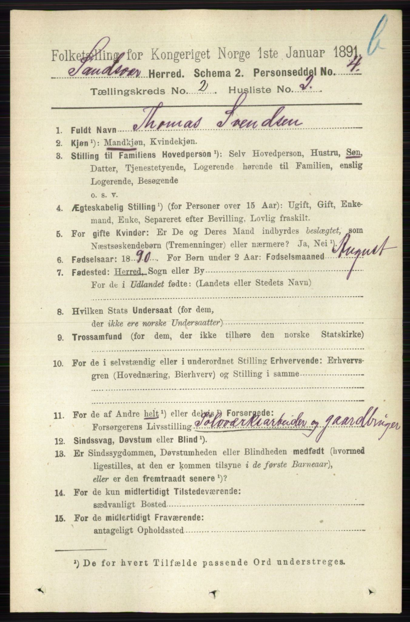 RA, 1891 census for 0629 Sandsvær, 1891, p. 5738