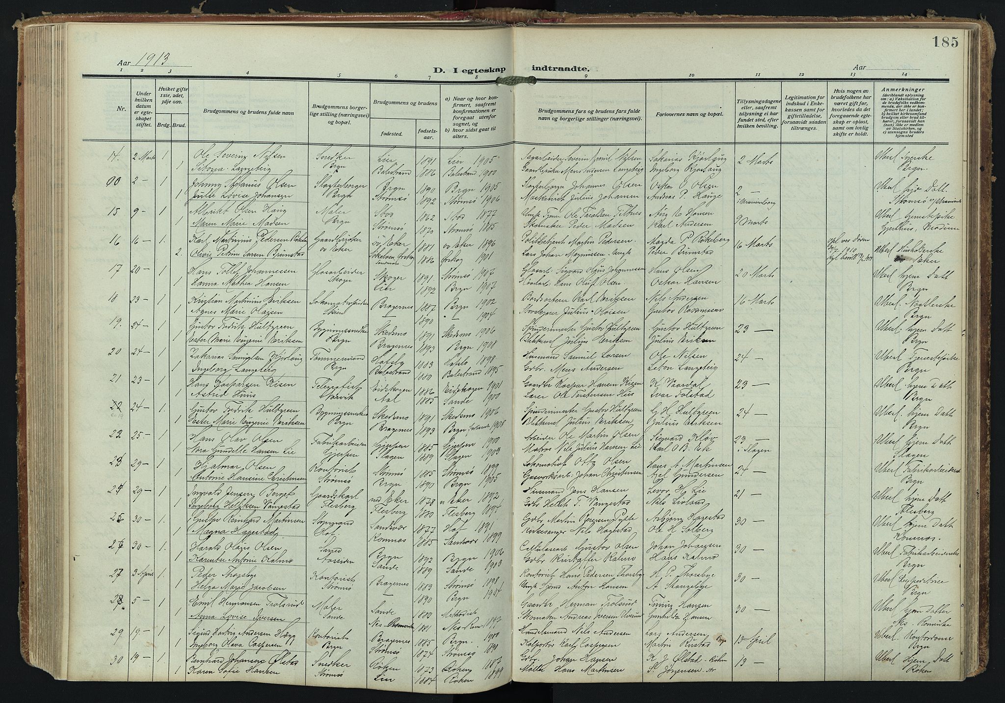 Bragernes kirkebøker, SAKO/A-6/F/Fc/L0008: Parish register (official) no. III 8, 1909-1921, p. 185