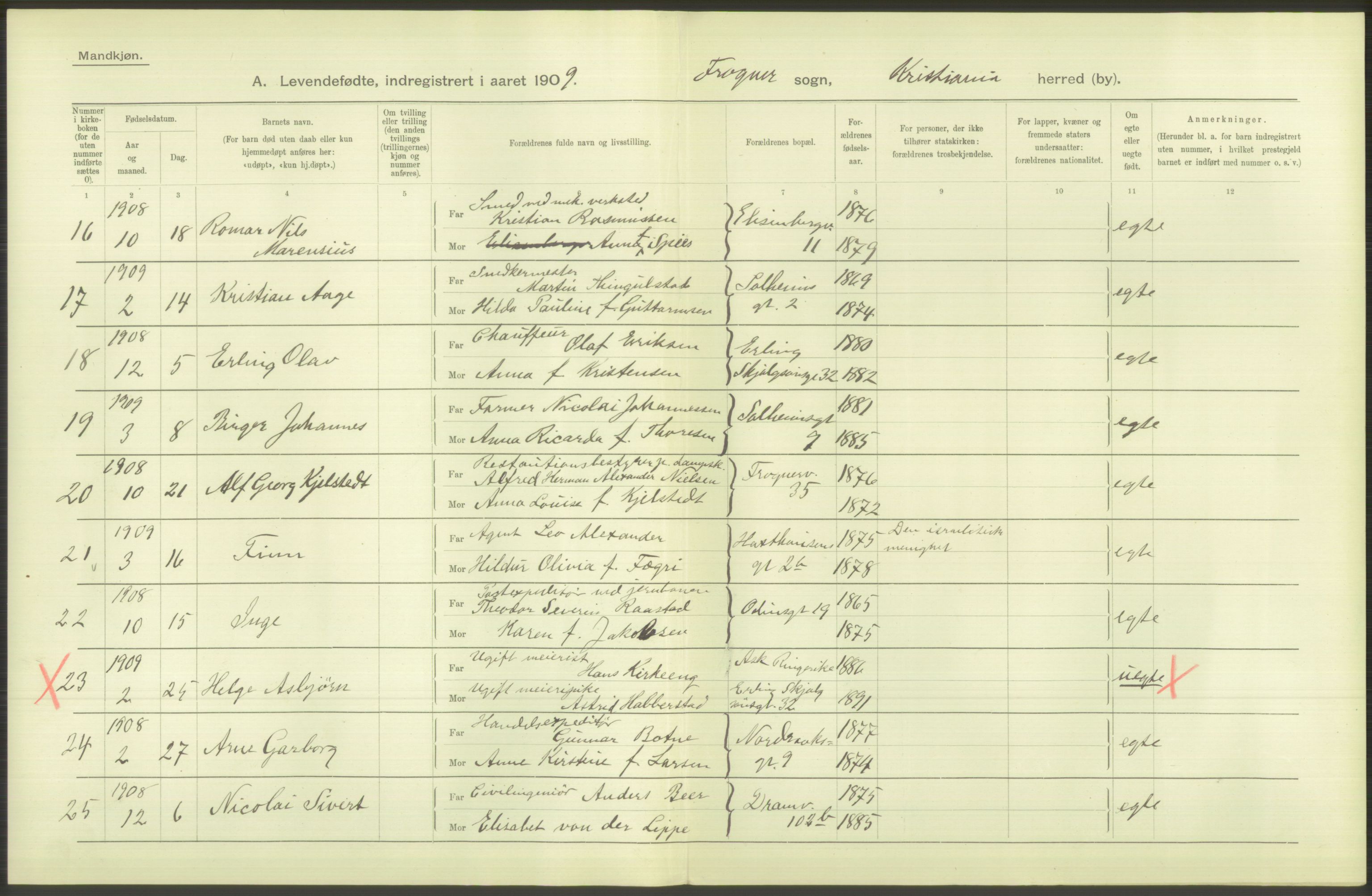 Statistisk sentralbyrå, Sosiodemografiske emner, Befolkning, RA/S-2228/D/Df/Dfa/Dfag/L0007: Kristiania: Levendefødte menn og kvinner., 1909, p. 346