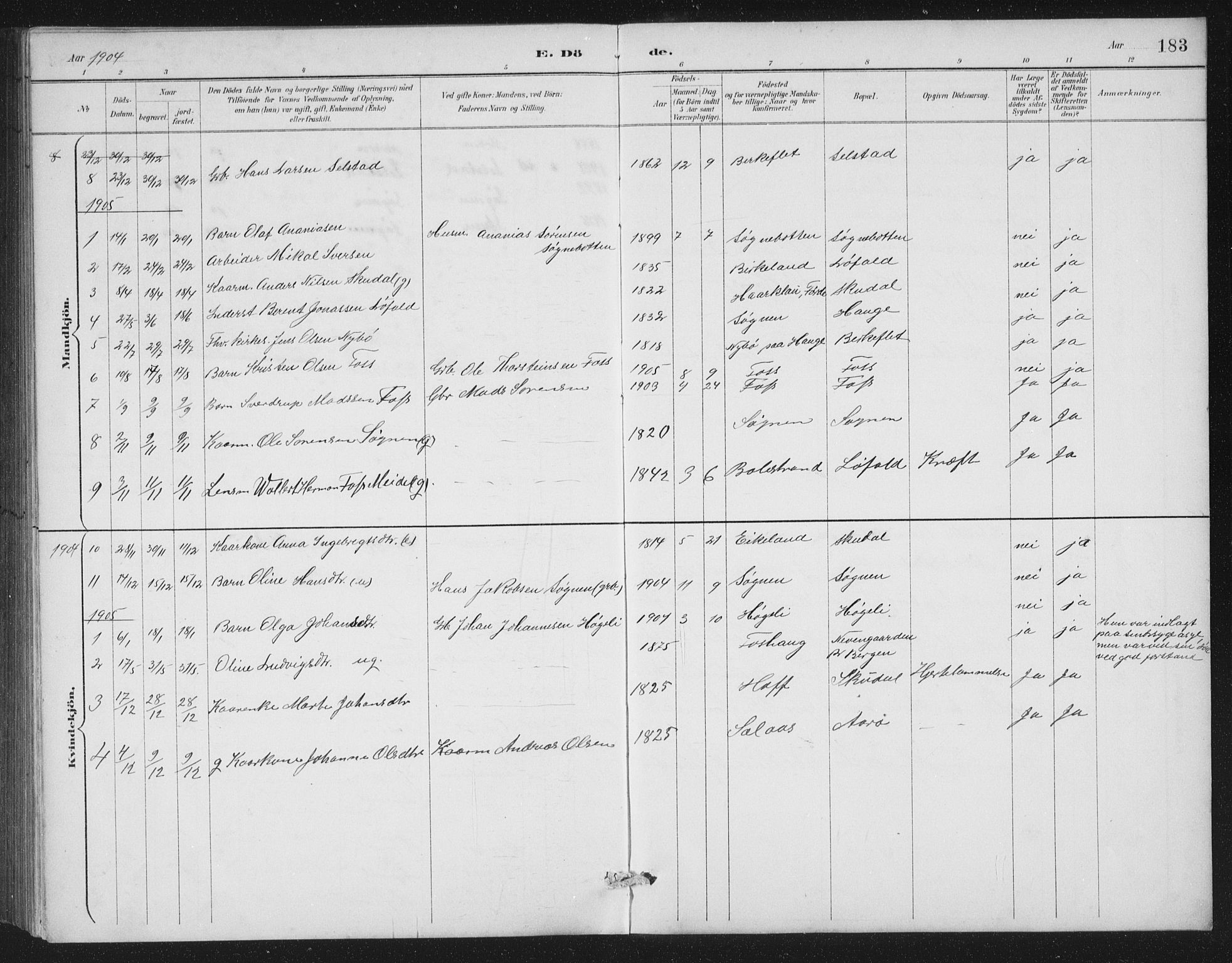 Gaular sokneprestembete, SAB/A-80001/H/Hab: Parish register (copy) no. A 4, 1889-1912, p. 183